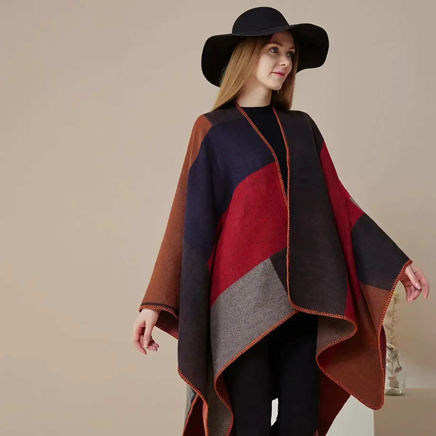 Plaid Faux Cashmere Ruana in Red/Black