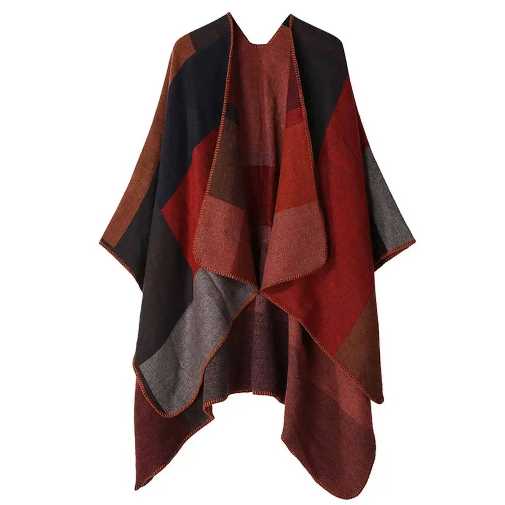 Plaid Faux Cashmere Ruana in Red/Black