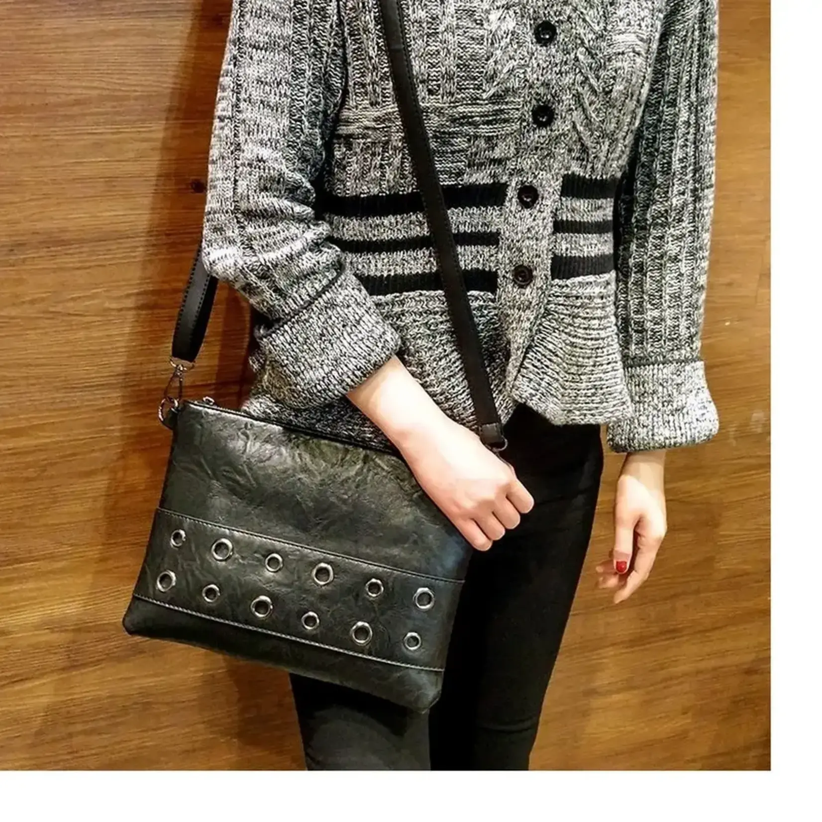 Black Envelope/Crossbody Bag w/Silver Grommeted Strap