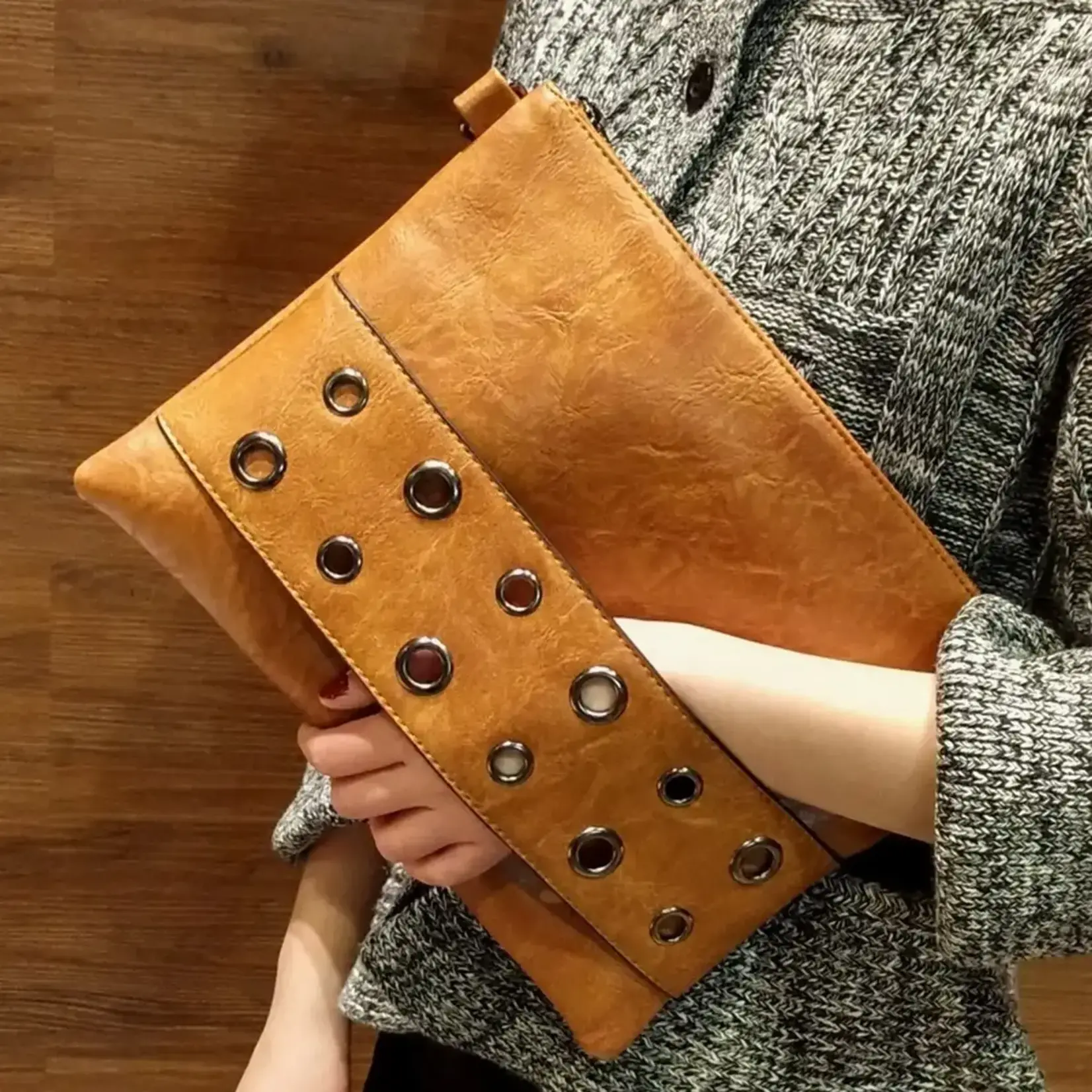 Brown Envelope/Crossbody Bag w/Silver Grommeted Strap