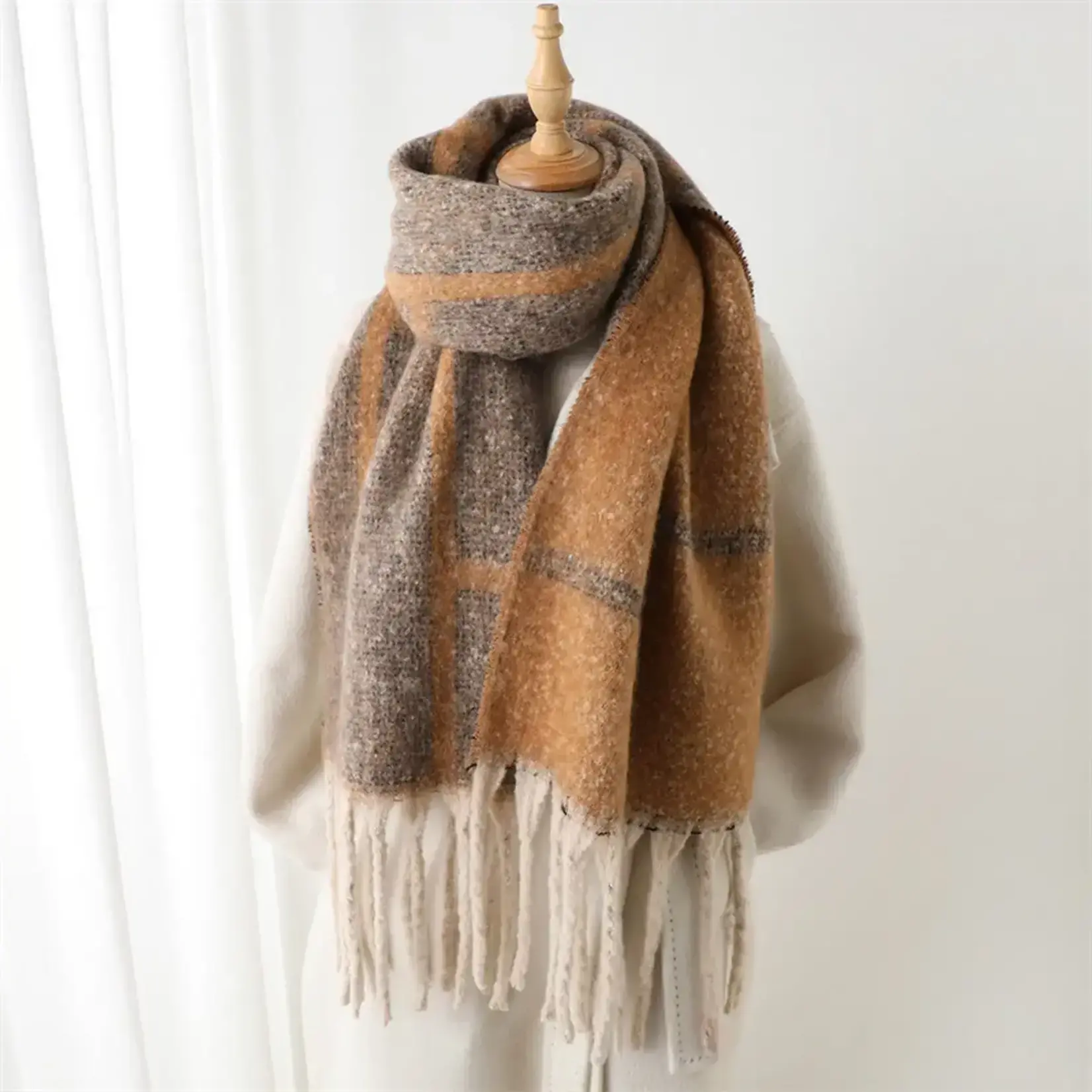 Heavy Grid Scarf/Wrap w/Fringe in Camel/Khaki