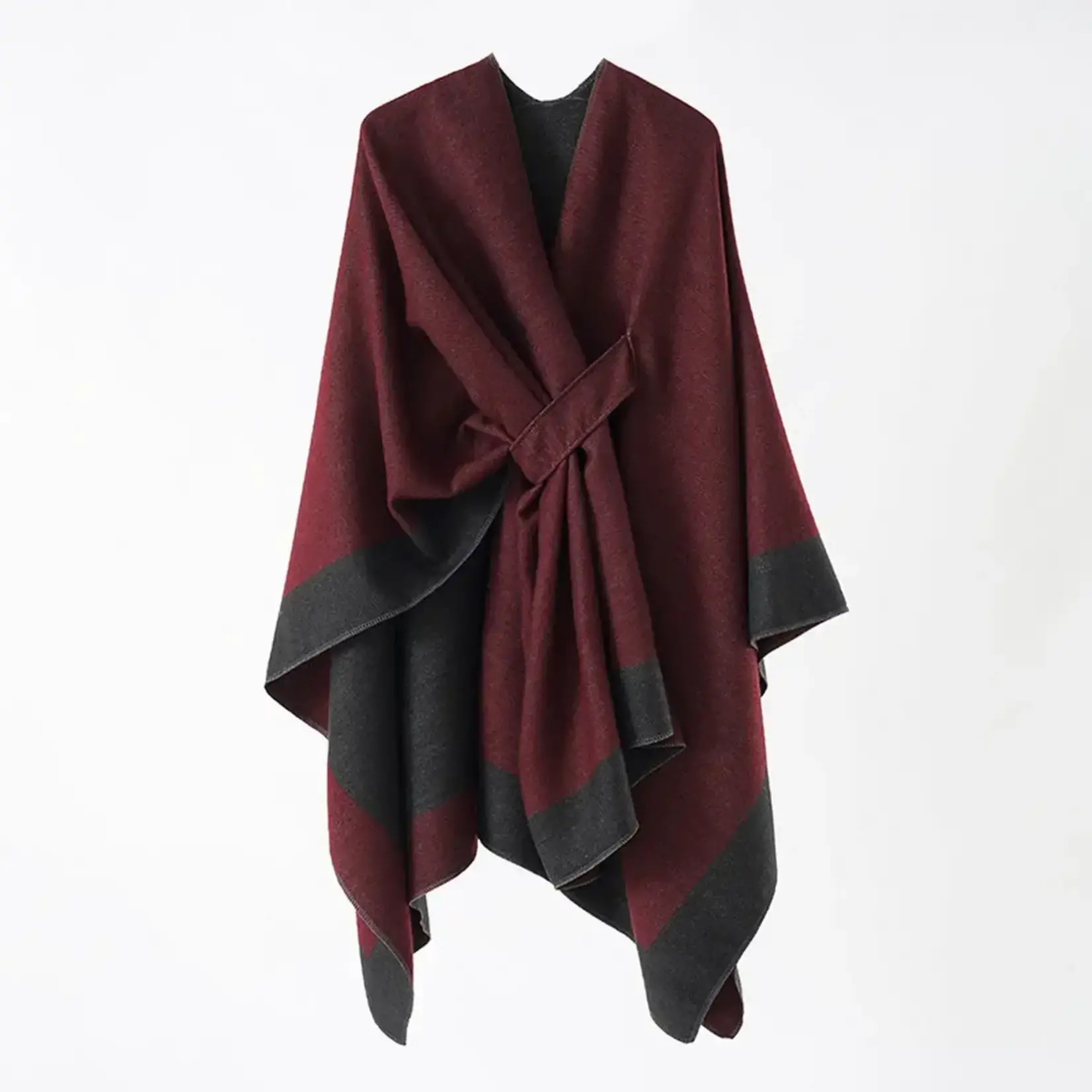 Double-Sided Two Color Ruana w/Pull Through Tab in Dark Red