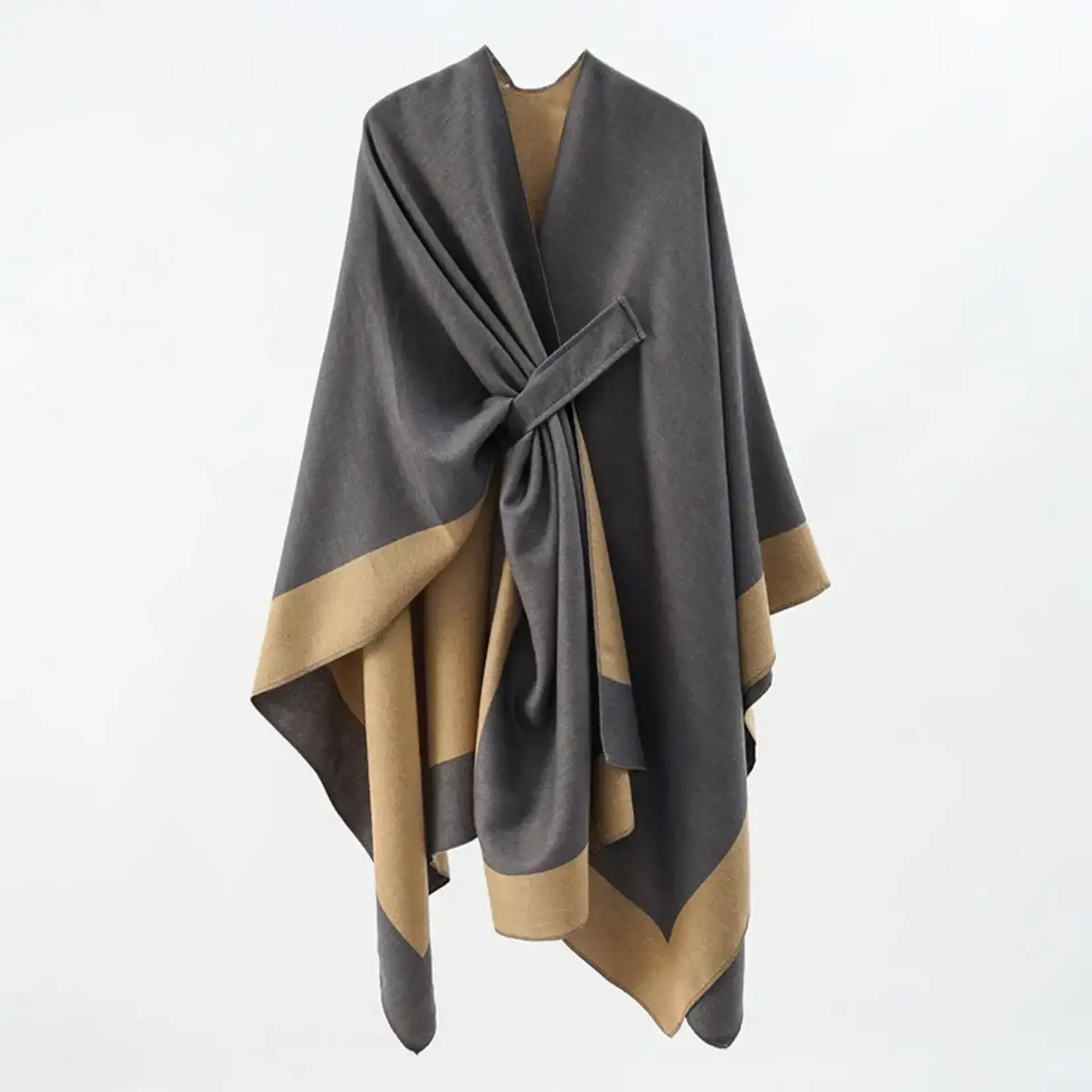 Double-Sided Two Color Ruana w/Pull Through Tab in Grey