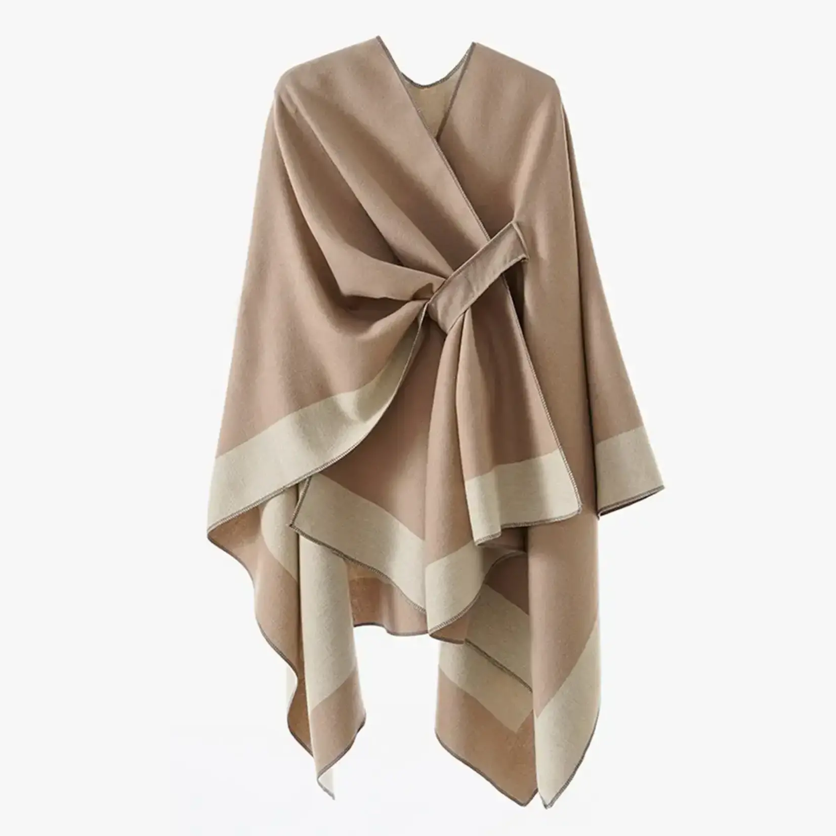 Double-Sided Two Color Ruana w/Pull Through Tab in Taupe