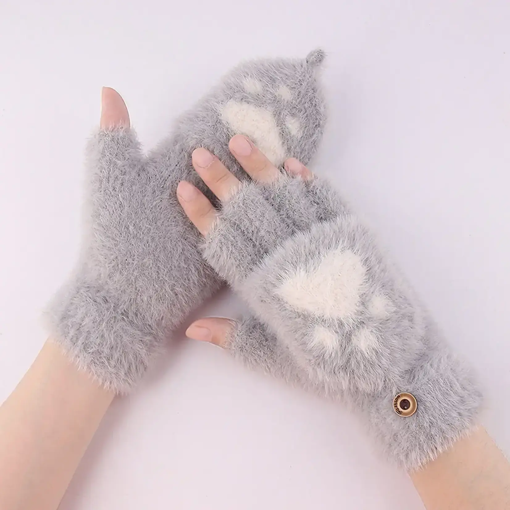 Flap Knitted Fingerless Gloves w/Paw in Grey