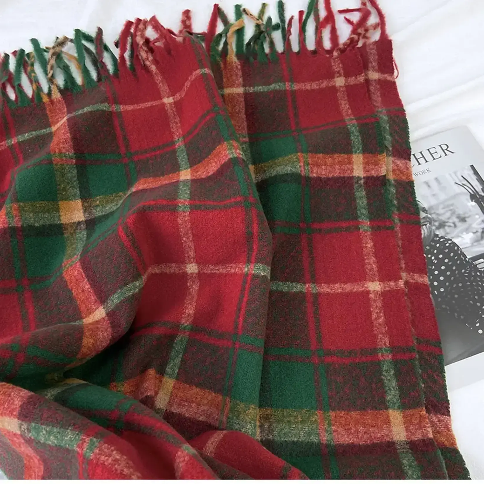 Classic Plaid Scarf w/Fringe in Red