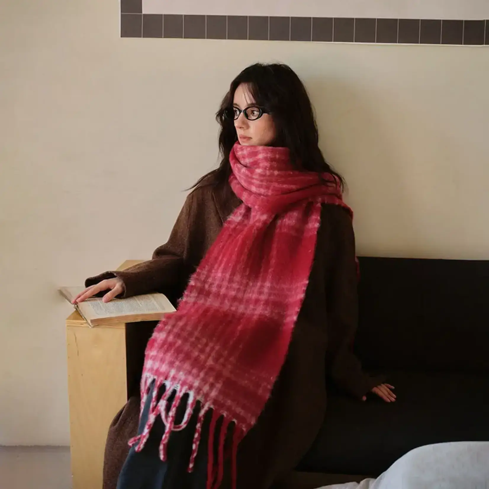 Heavy Plaid Scarf/Wrap w/Fringe in Purple