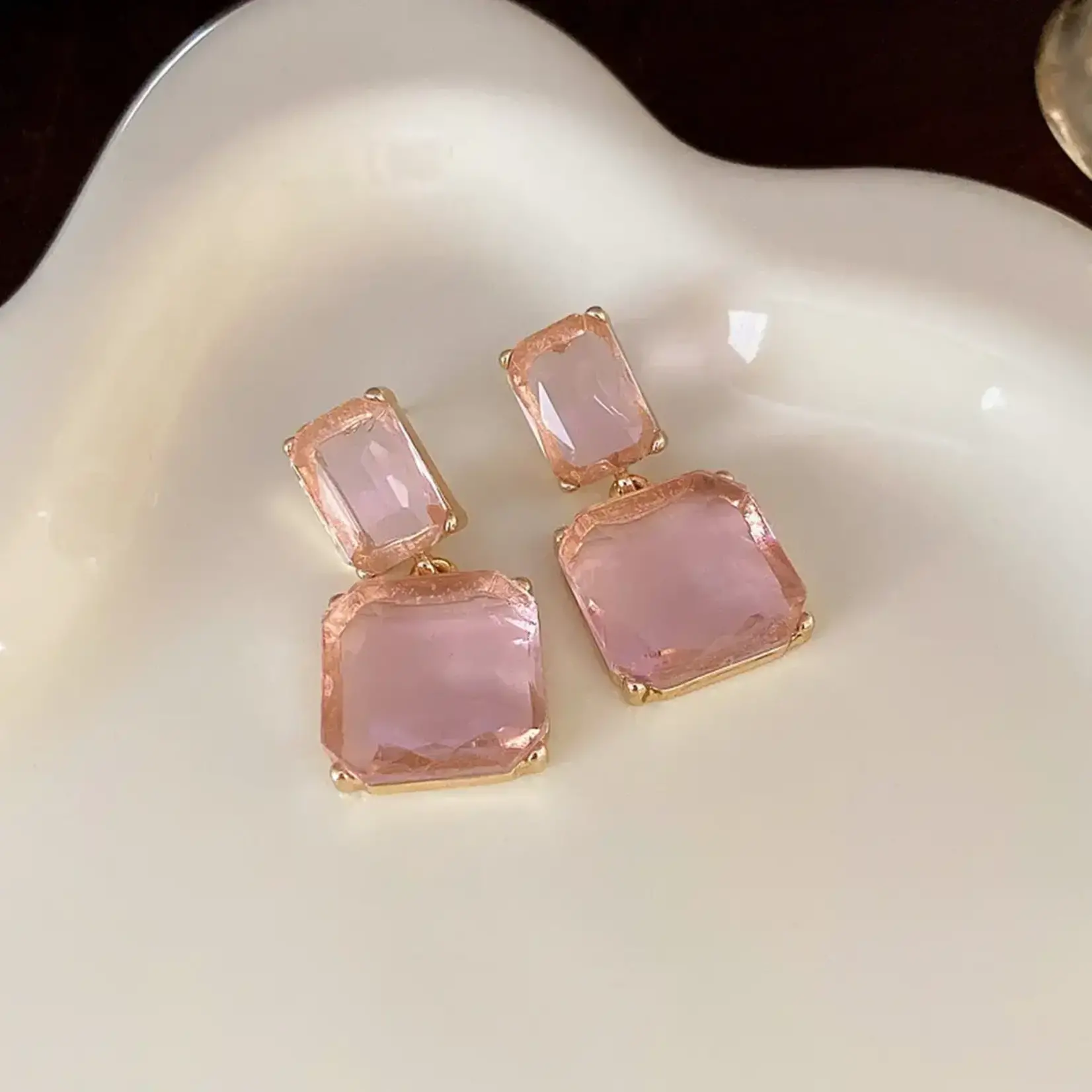 Simple High-End Transparent Cube Crystal Earrings In Pink/Gold