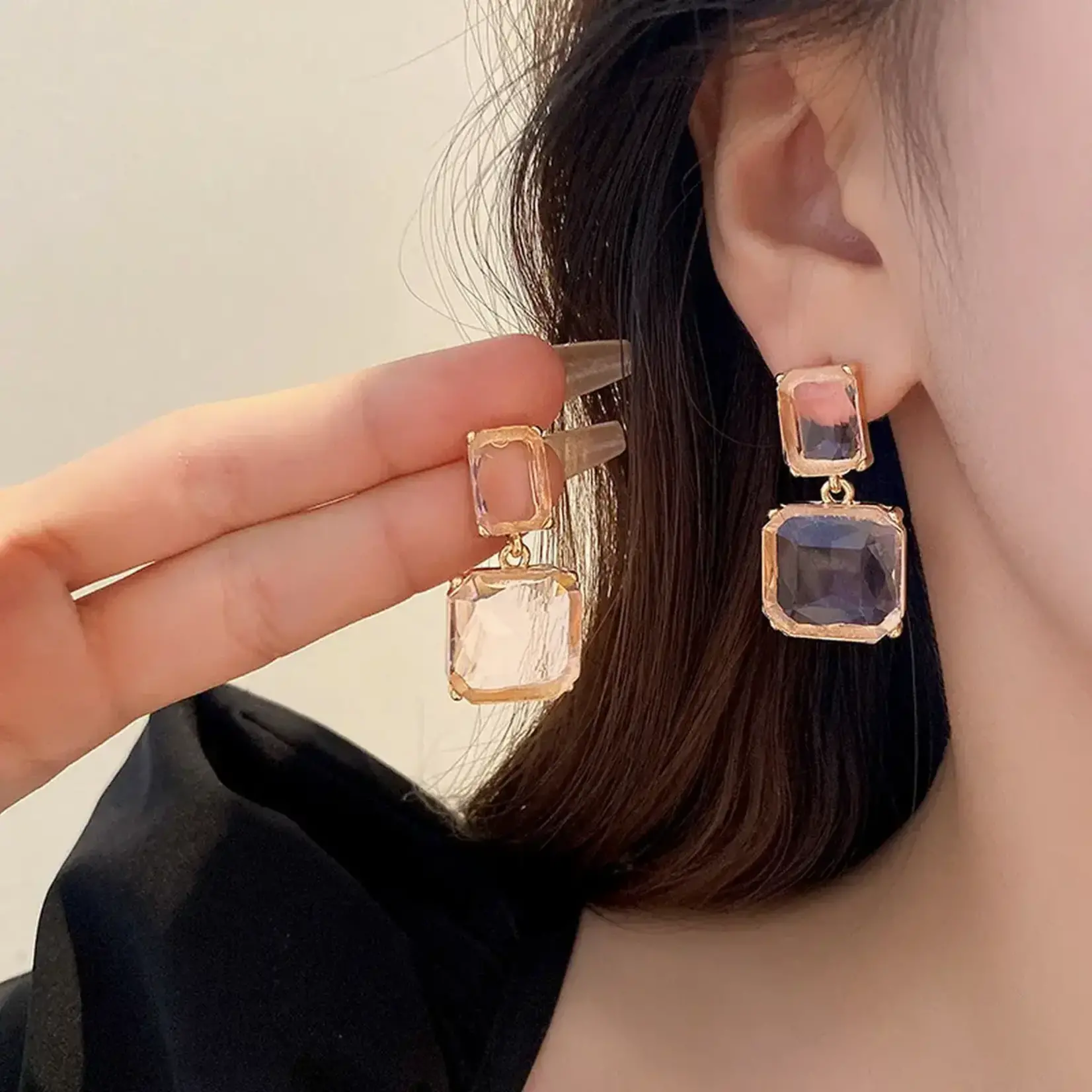 Simple High-End Transparent Cube Crystal Earrings In Pink/Gold