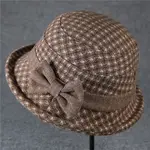 Cotton Tweed Bucket Hat in Khaki w/Curled Brim & Flower