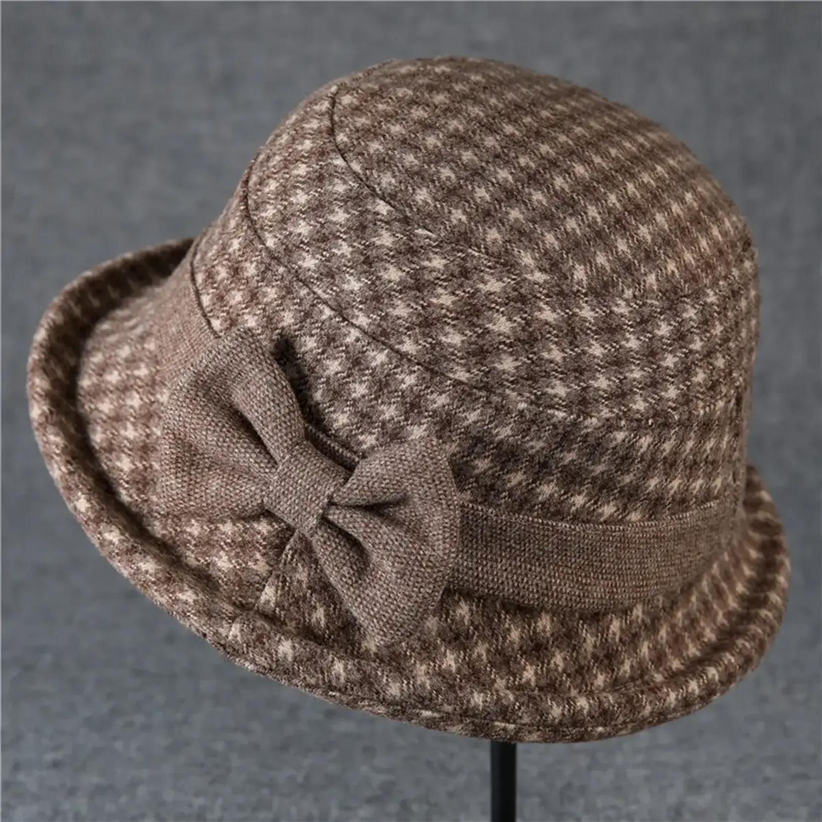 Cotton Tweed Bucket Hat in Khaki w/Curled Brim & Flower