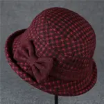 Cotton Tweed Bucket Hat in Wine w/Curled Brim & Flower