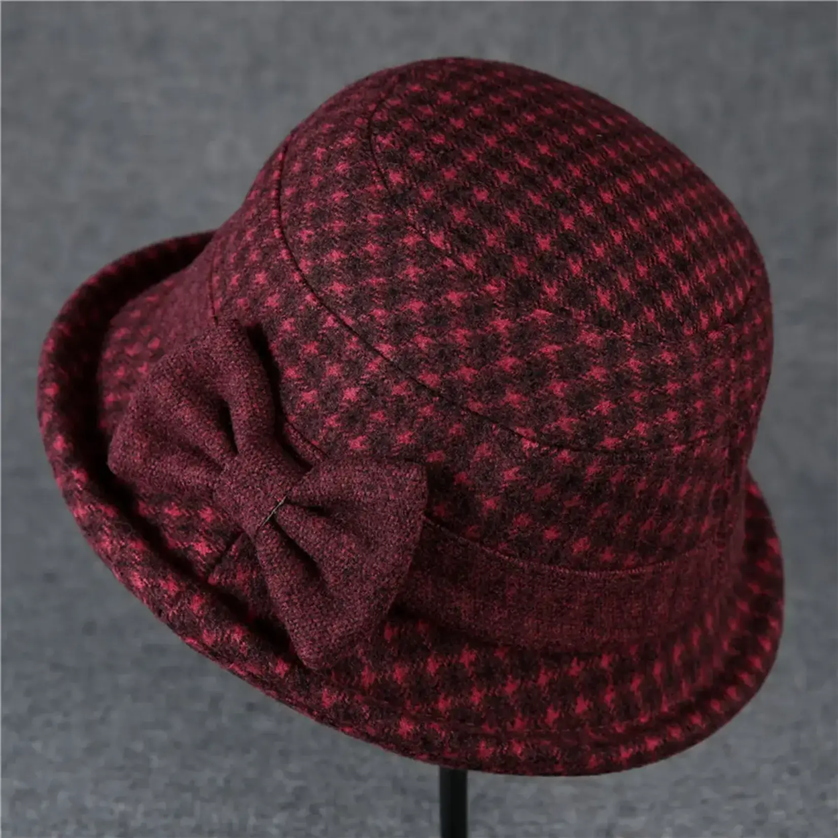 Cotton Tweed Bucket Hat in Wine w/Curled Brim & Flower
