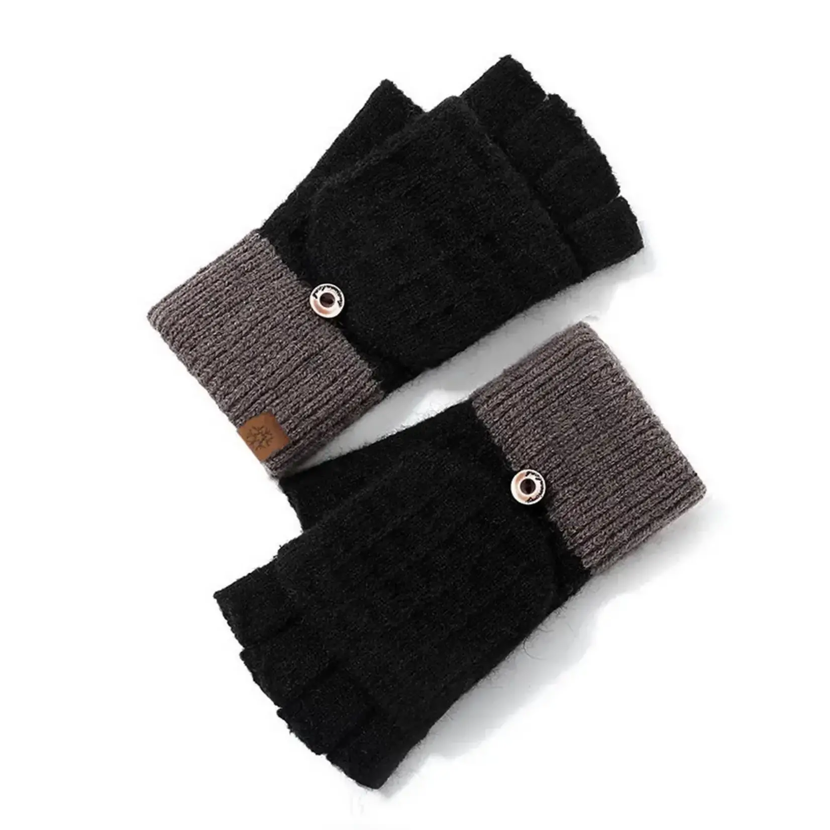 Knit Two Tone Half Finger Flip Mittens in Black