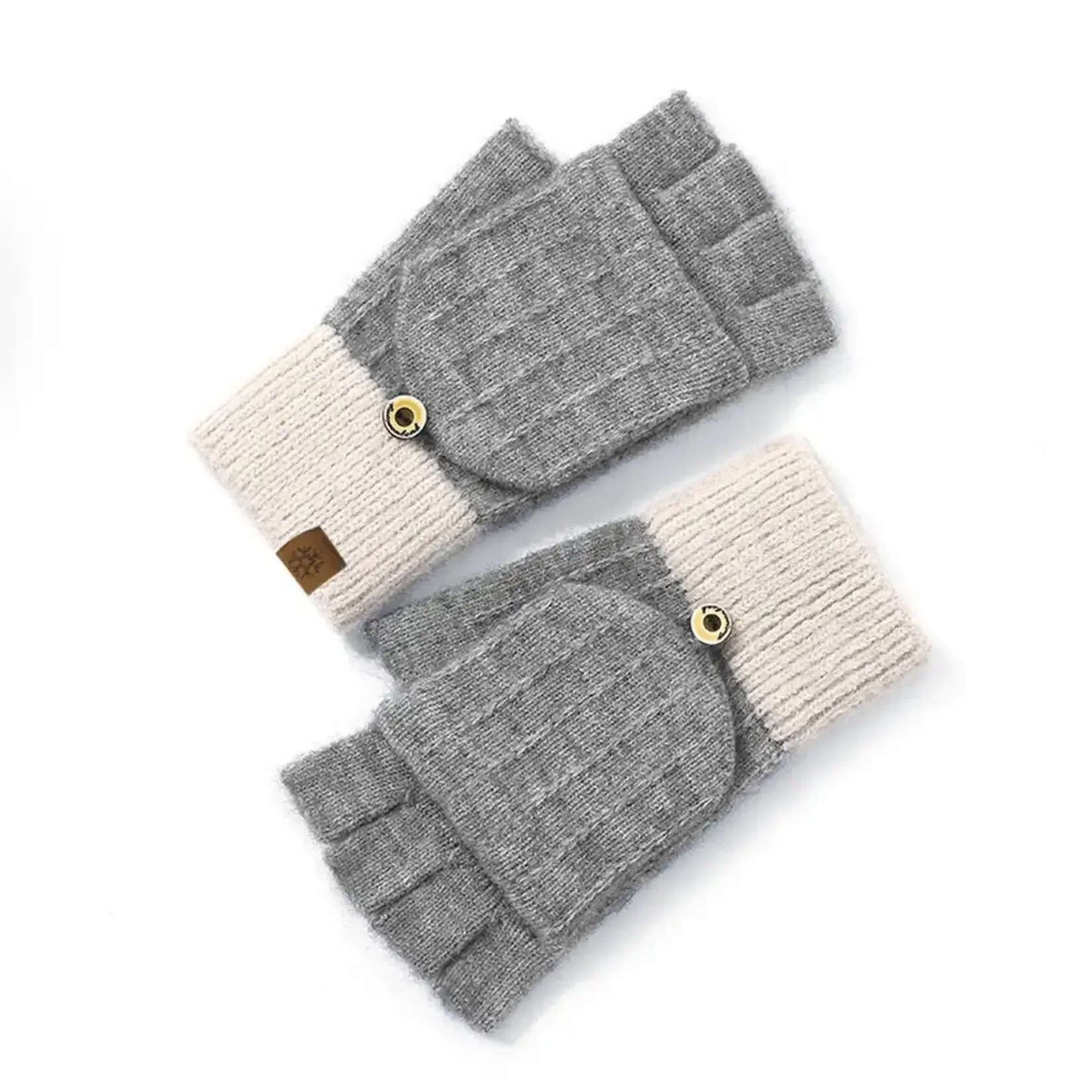 Knit Two Tone Half Finger Flip Mittens in Grey