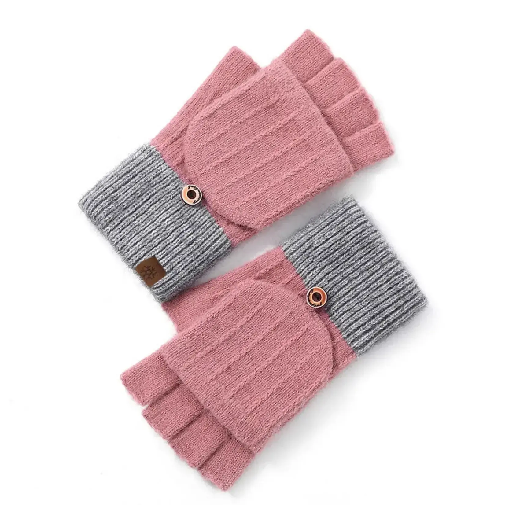 Knit Two Tone Half Finger Flip Mittens in Pink