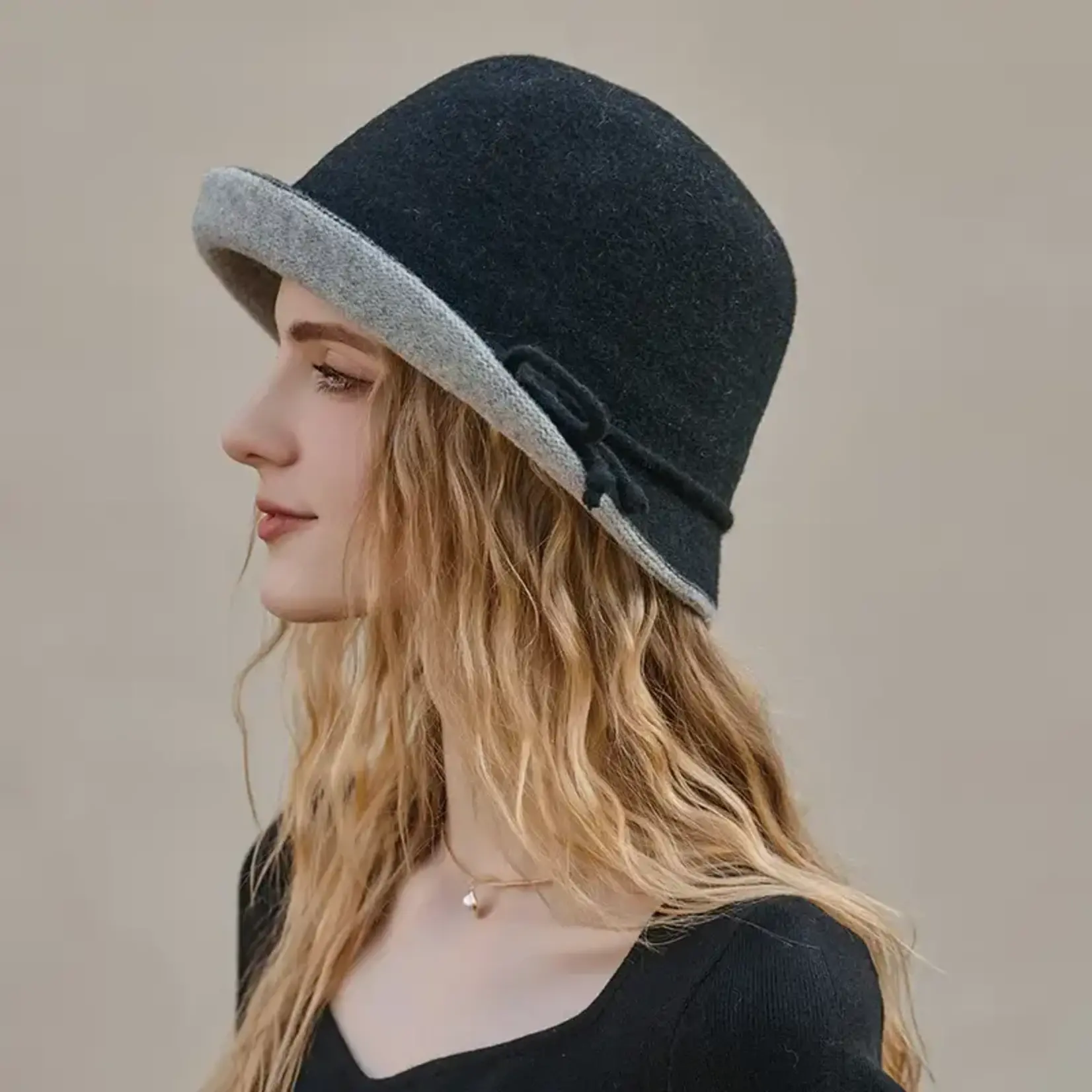 100% Wool Bucket w/Rolled Brim in Black/Grey