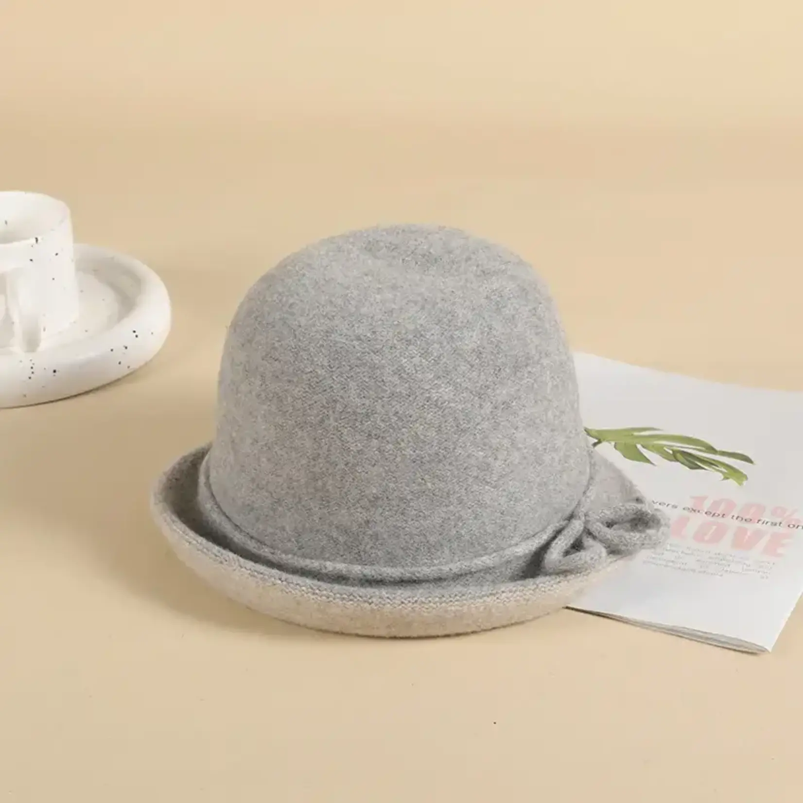 100% Wool Bucket w/Rolled Brim in Grey/Beige