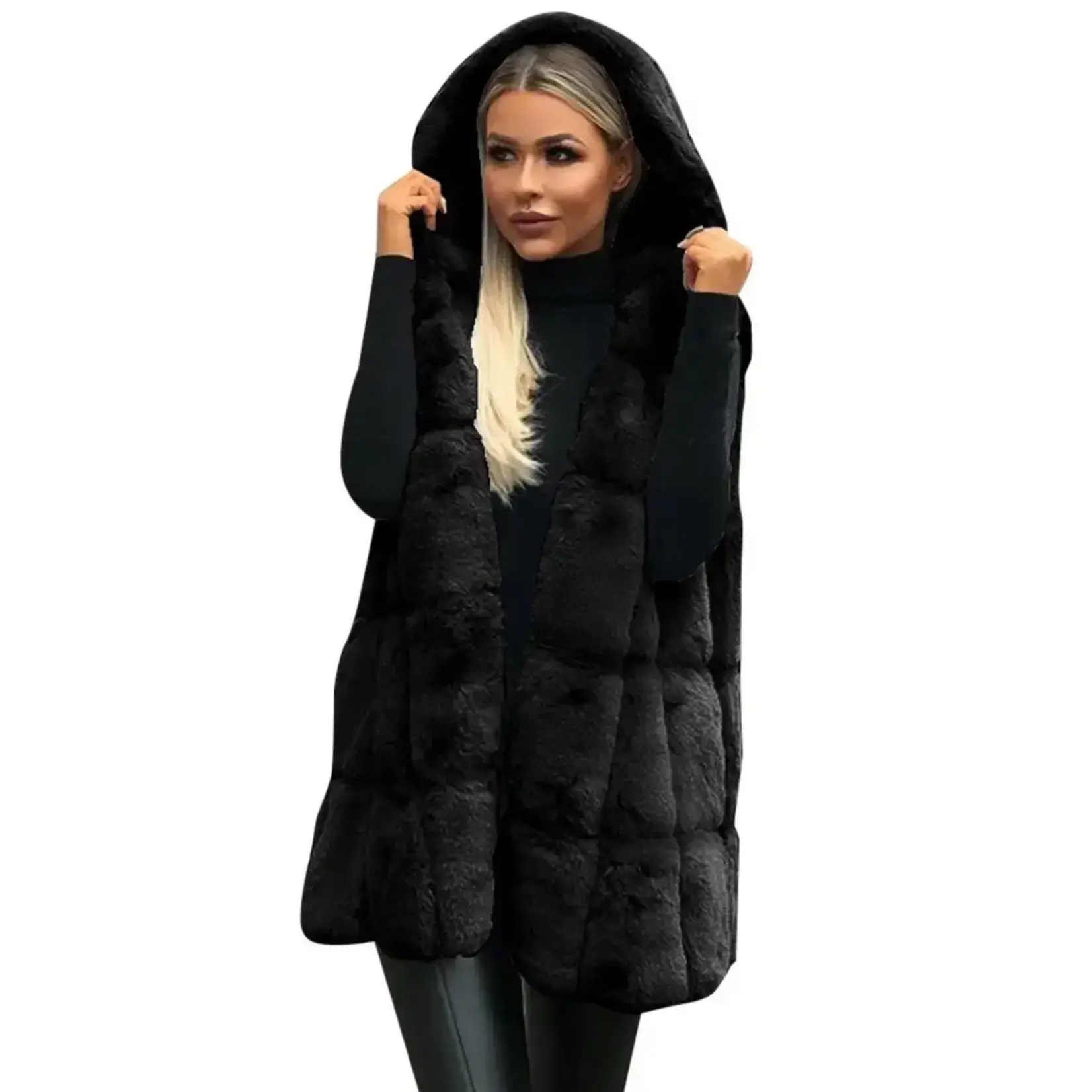 Plush Faux Fur Hooded Vest in Black (med)