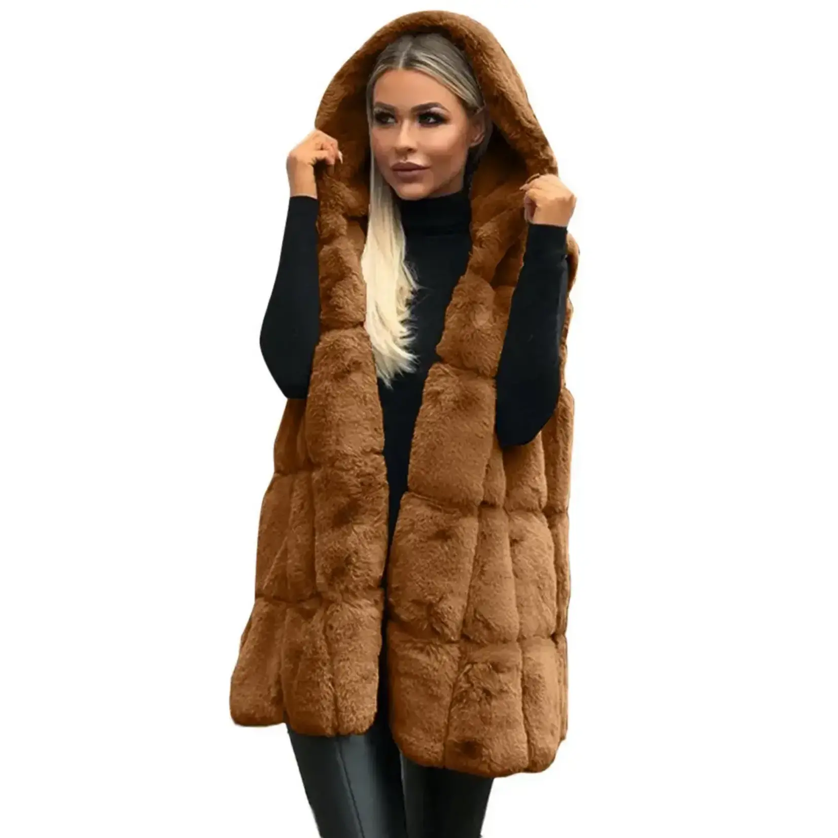 Plush Faux Fur Hooded Vest in Dark Camel (med)
