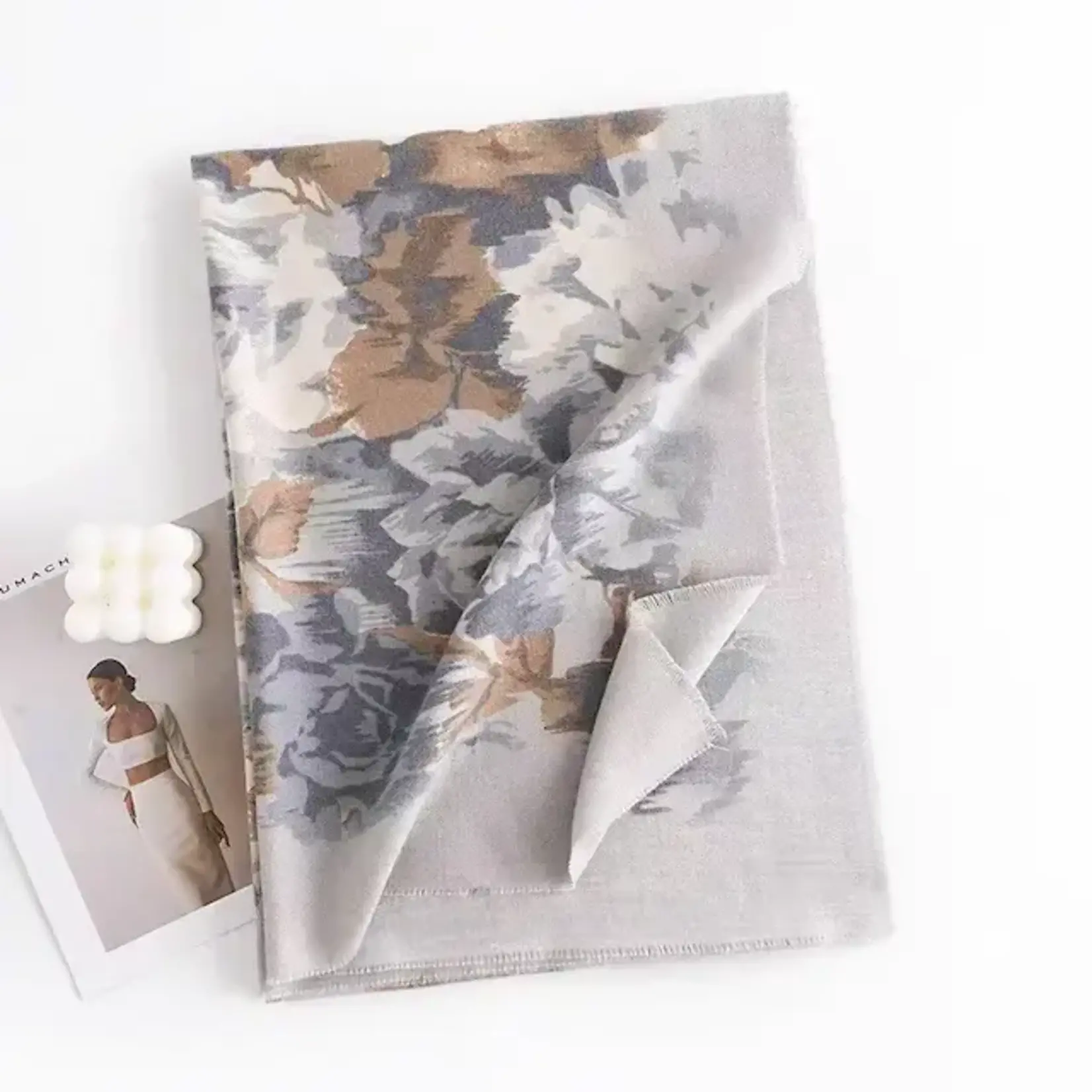 Pretty Persuasions Floral Print Scarf in Grey/Camel