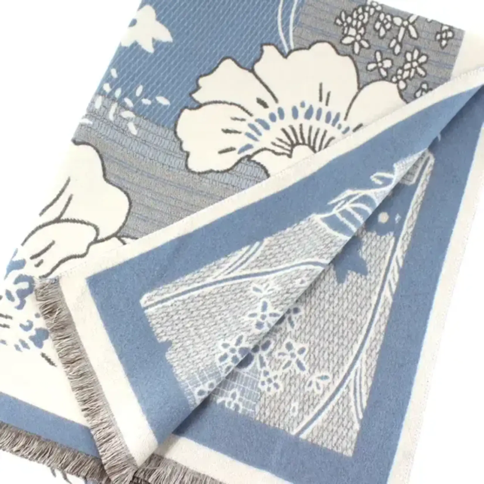 Pretty Persuasions Polyester Reversible Large Floral Scarf in Blue/Ivory