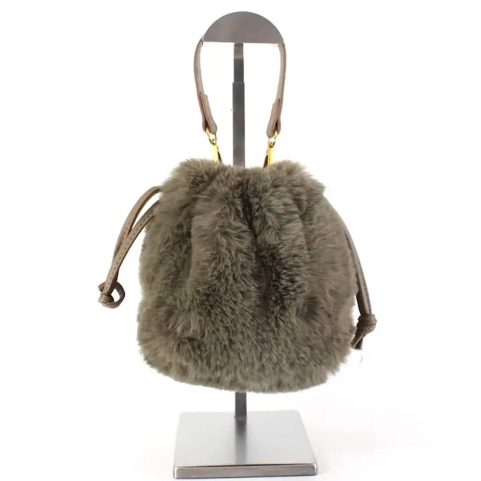Pretty Persuasions Faux Fur Drawstring Bucket Crossbody Bag in Sand