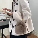 Pretty Persuasions Faux Fur Drawstring Bucket Crossbody Bag in Taupe