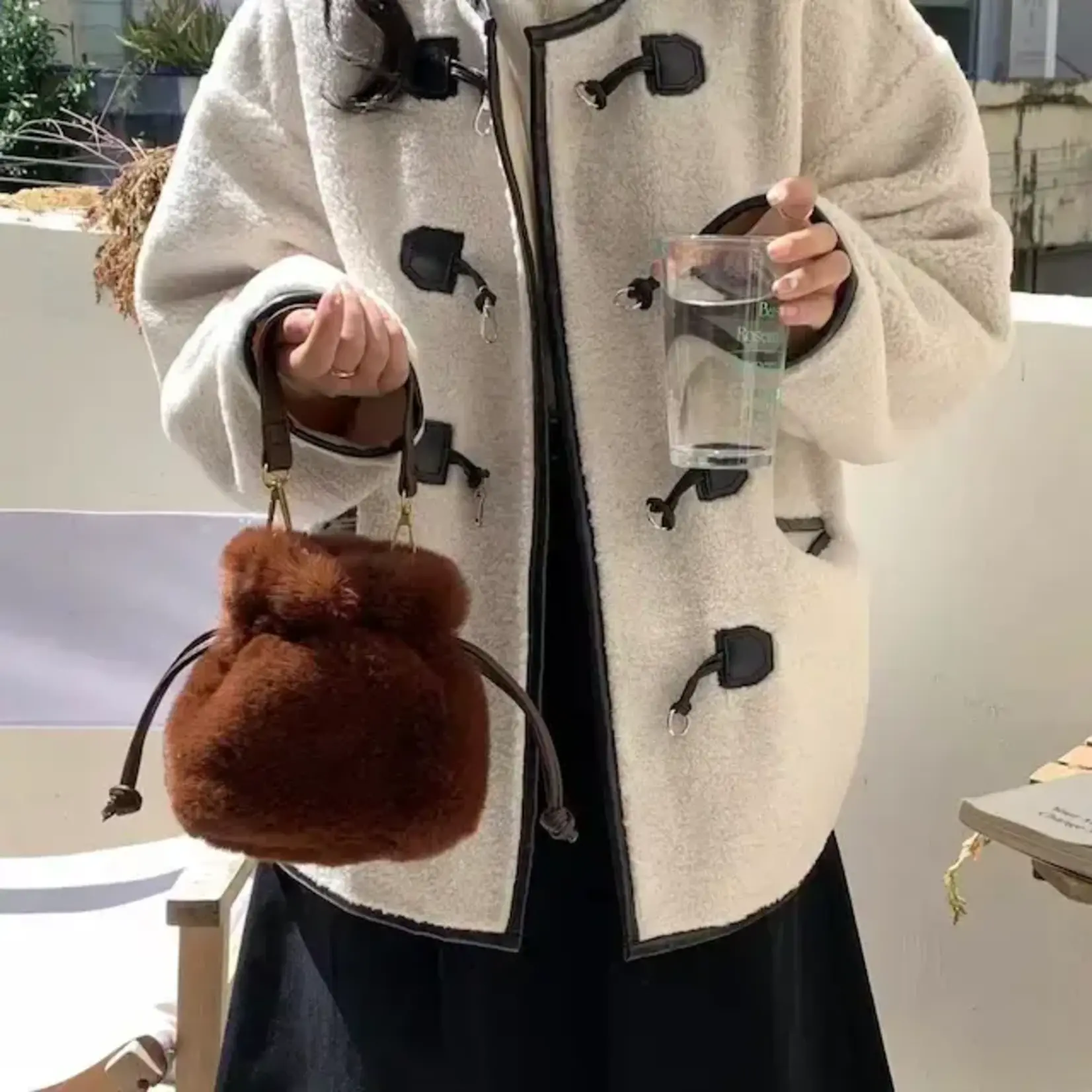 Pretty Persuasions Faux Fur Drawstring Bucket Crossbody Bag in Chocolate