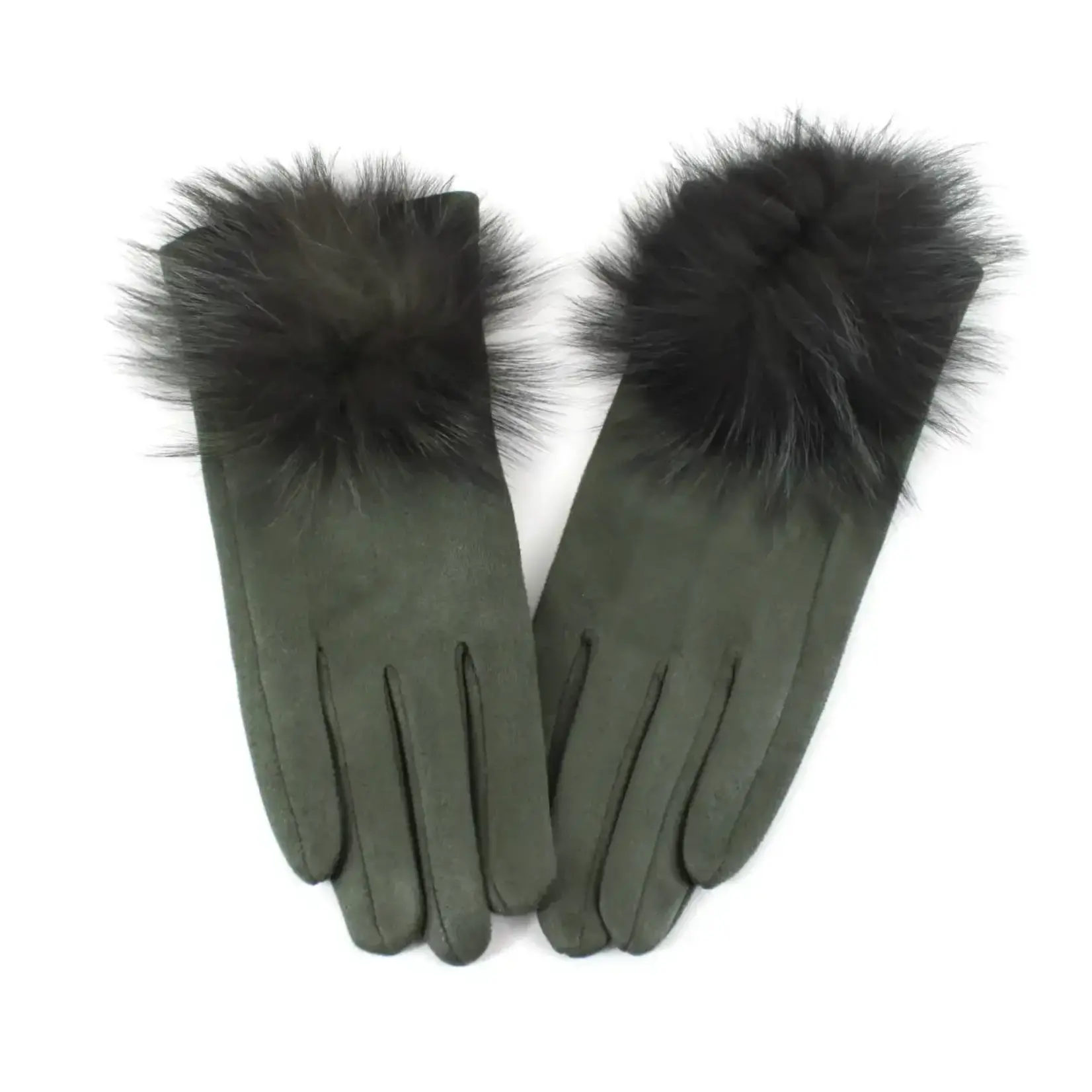 Pretty Persuasions Faux Fur Pom Pom Gloves in Olive