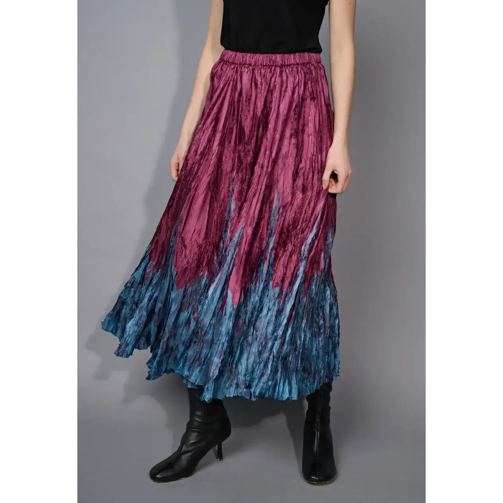Printed Crinkled Long Skirt in Bordeaux Multi