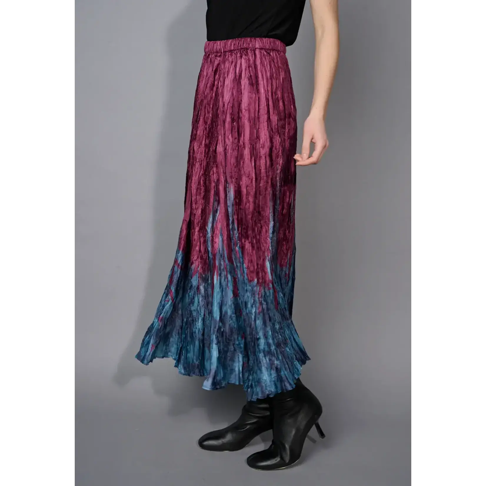 Printed Crinkled Long Skirt in Bordeaux Multi