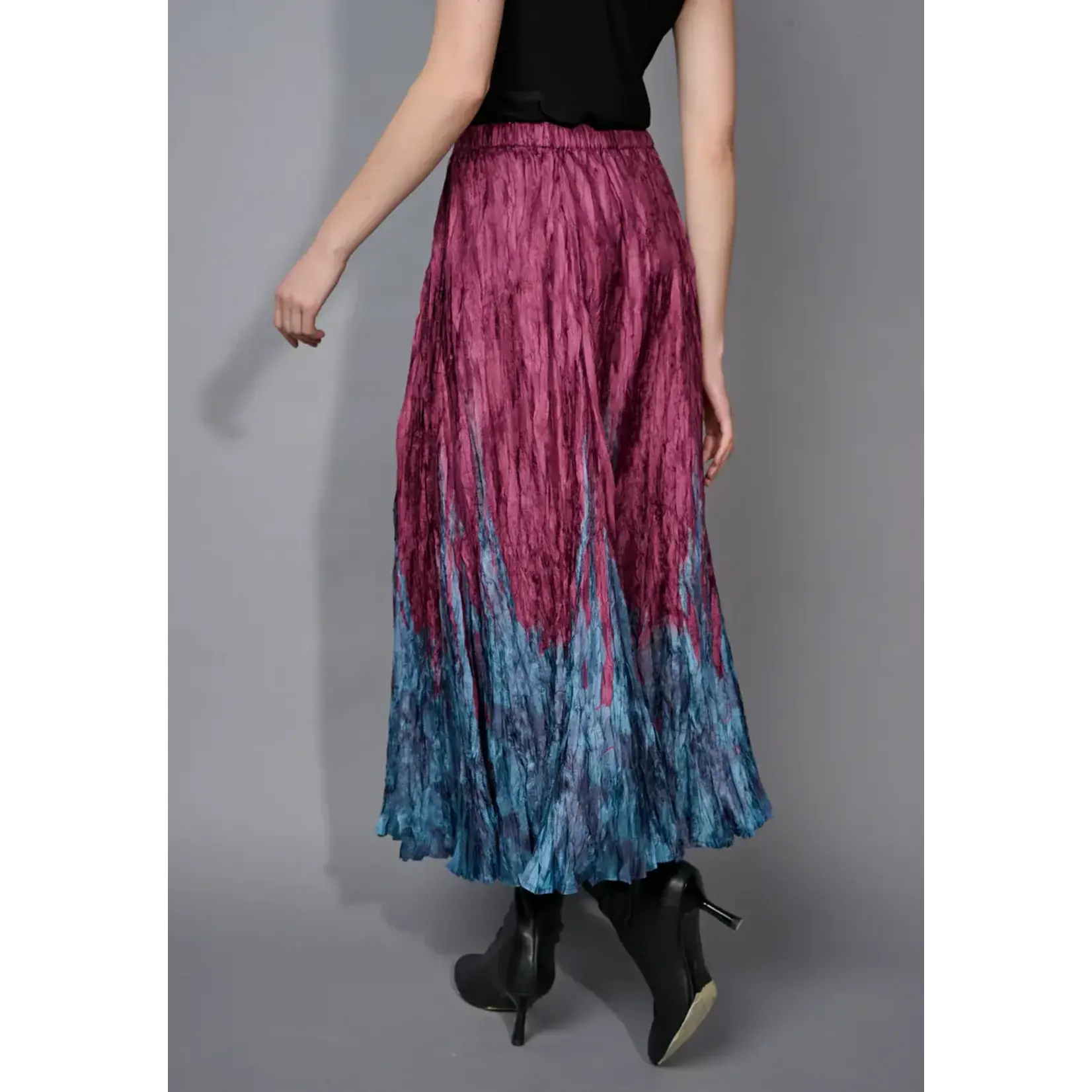 Printed Crinkled Long Skirt in Bordeaux Multi