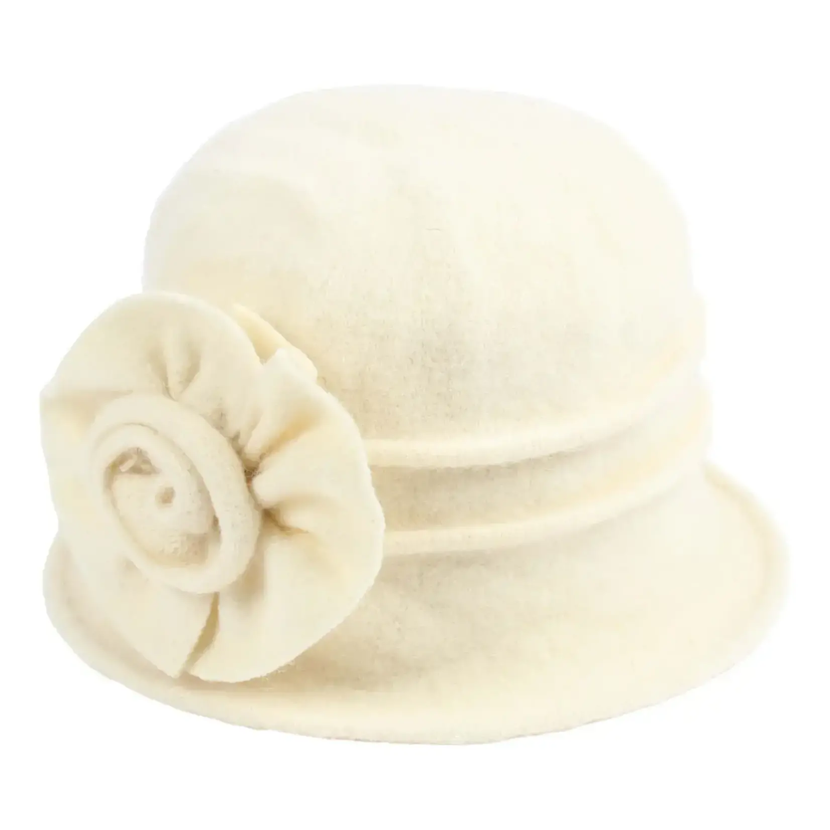 Jeanne Simmons Boiled Wool Cloche w/ Pleats & Flower in Cream