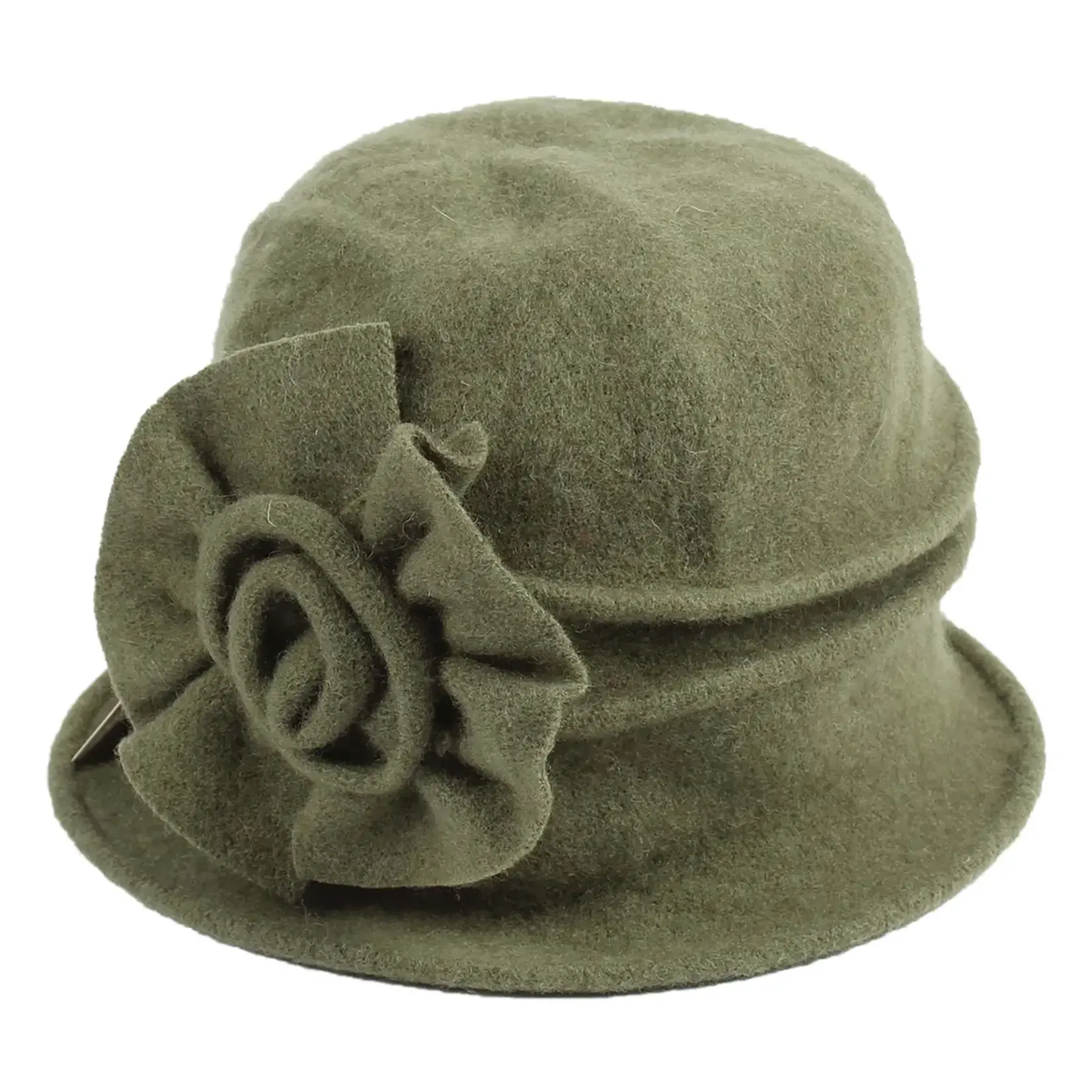Jeanne Simmons Boiled Wool Cloche w/ Pleats & Flower in Green
