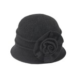 Jeanne Simmons Boiled Wool Cloche w/ Pleats & Flower in Black