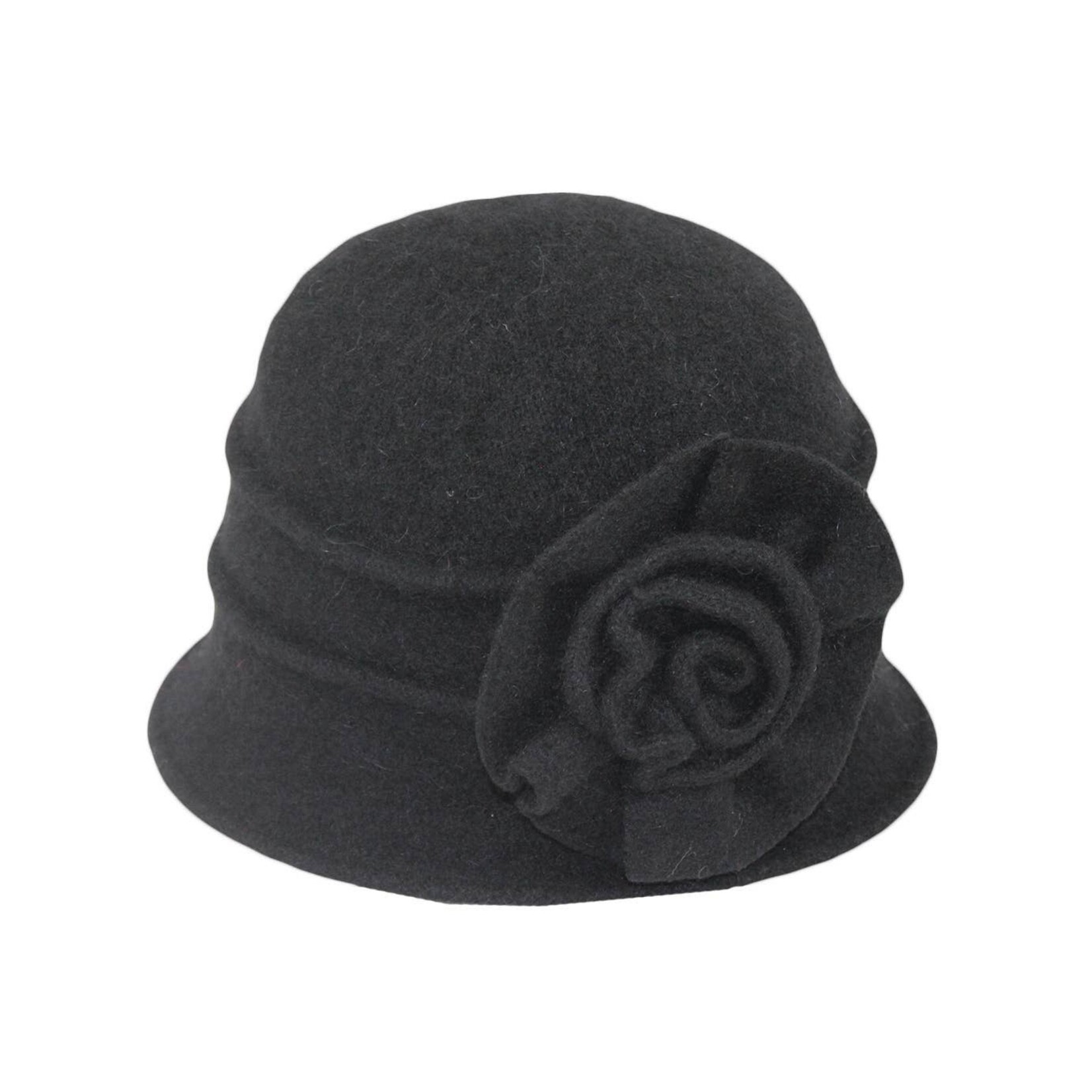 Jeanne Simmons Boiled Wool Cloche w/ Pleats & Flower in Black