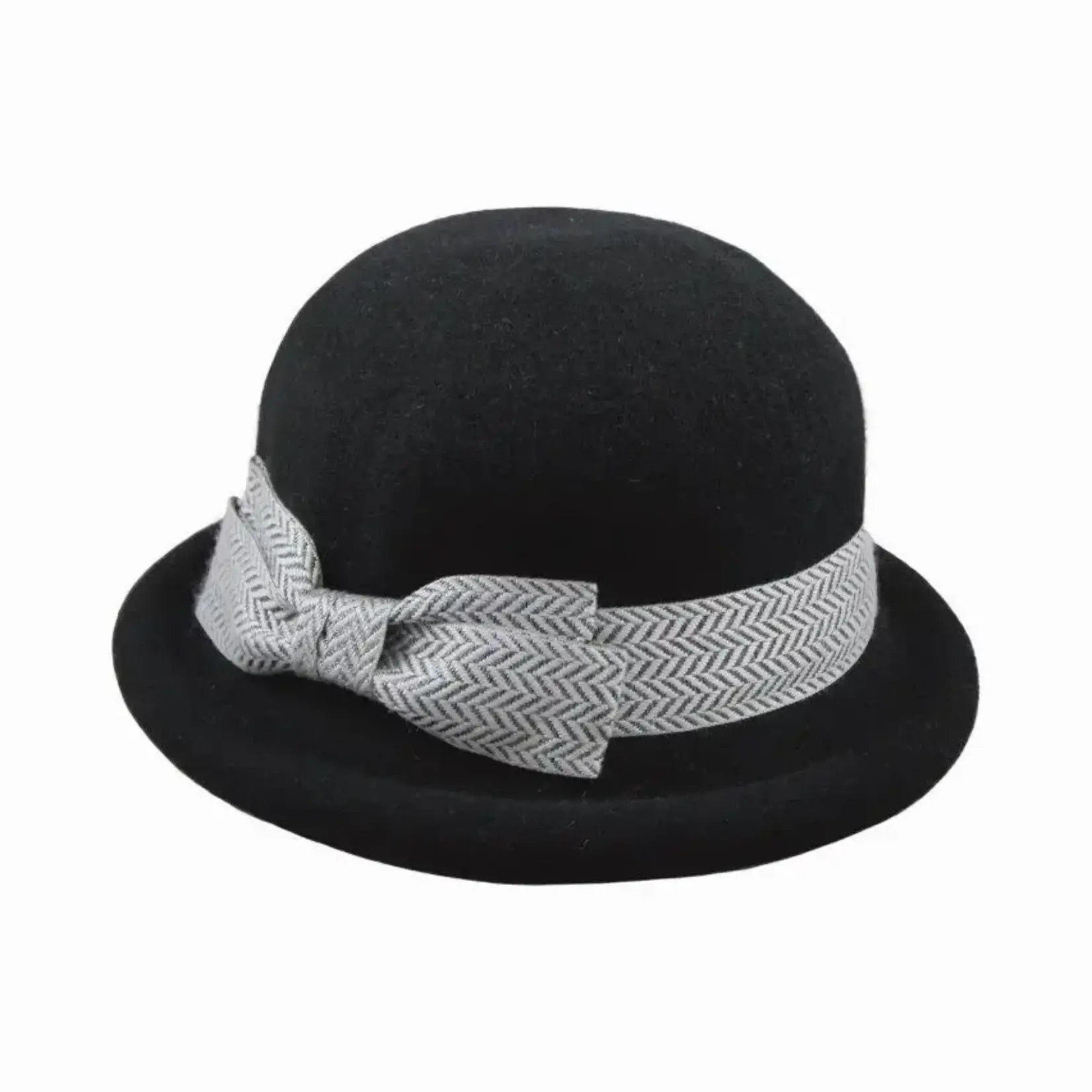 Jeanne Simmons Boiled Wool Roller Cloche w/Grey Ribbon in Black