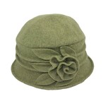Jeanne Simmons Boiled Wool Bucket Hat w/ Ridges & Flower in Avocado