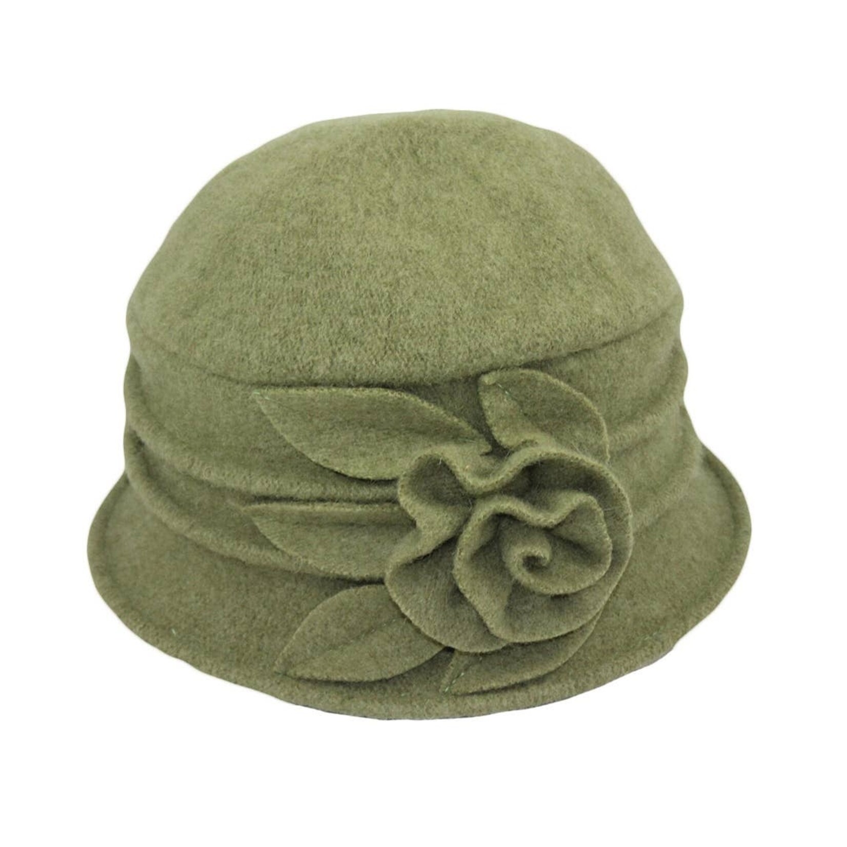 Jeanne Simmons Boiled Wool Bucket Hat w/ Ridges & Flower in Avocado