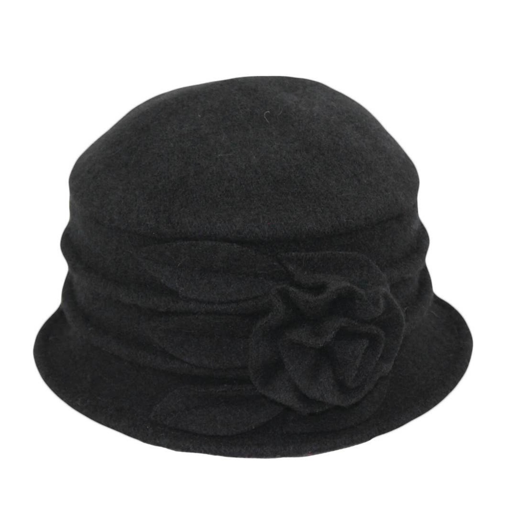 Jeanne Simmons Boiled Wool Bucket Hat w/ Ridges & Flower in Black