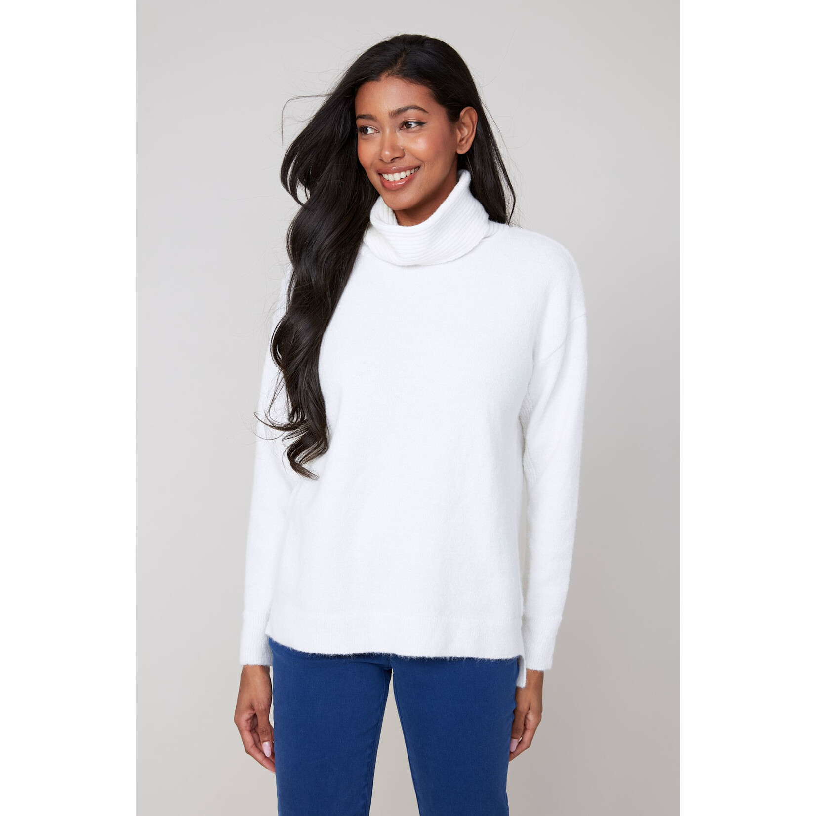 Ribbed Knit Cowl Sweater In Creme