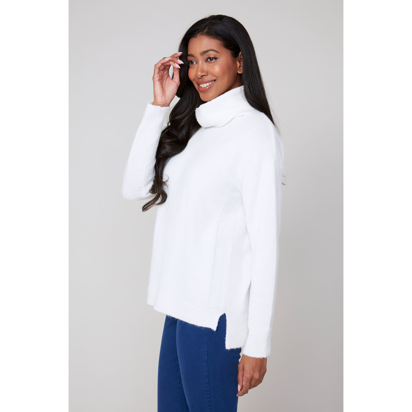 Ribbed Knit Cowl Sweater In Creme
