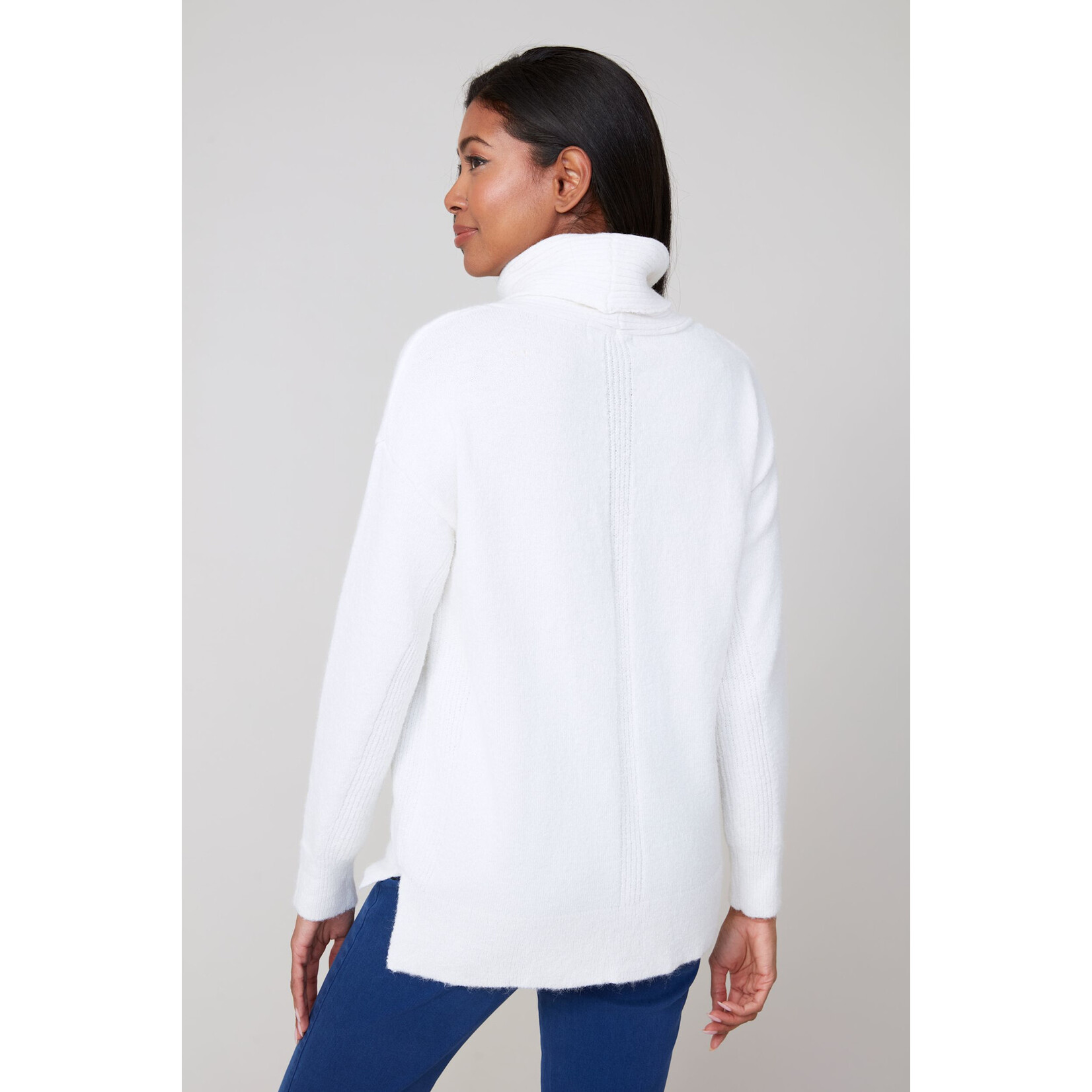 Ribbed Knit Cowl Sweater In Creme