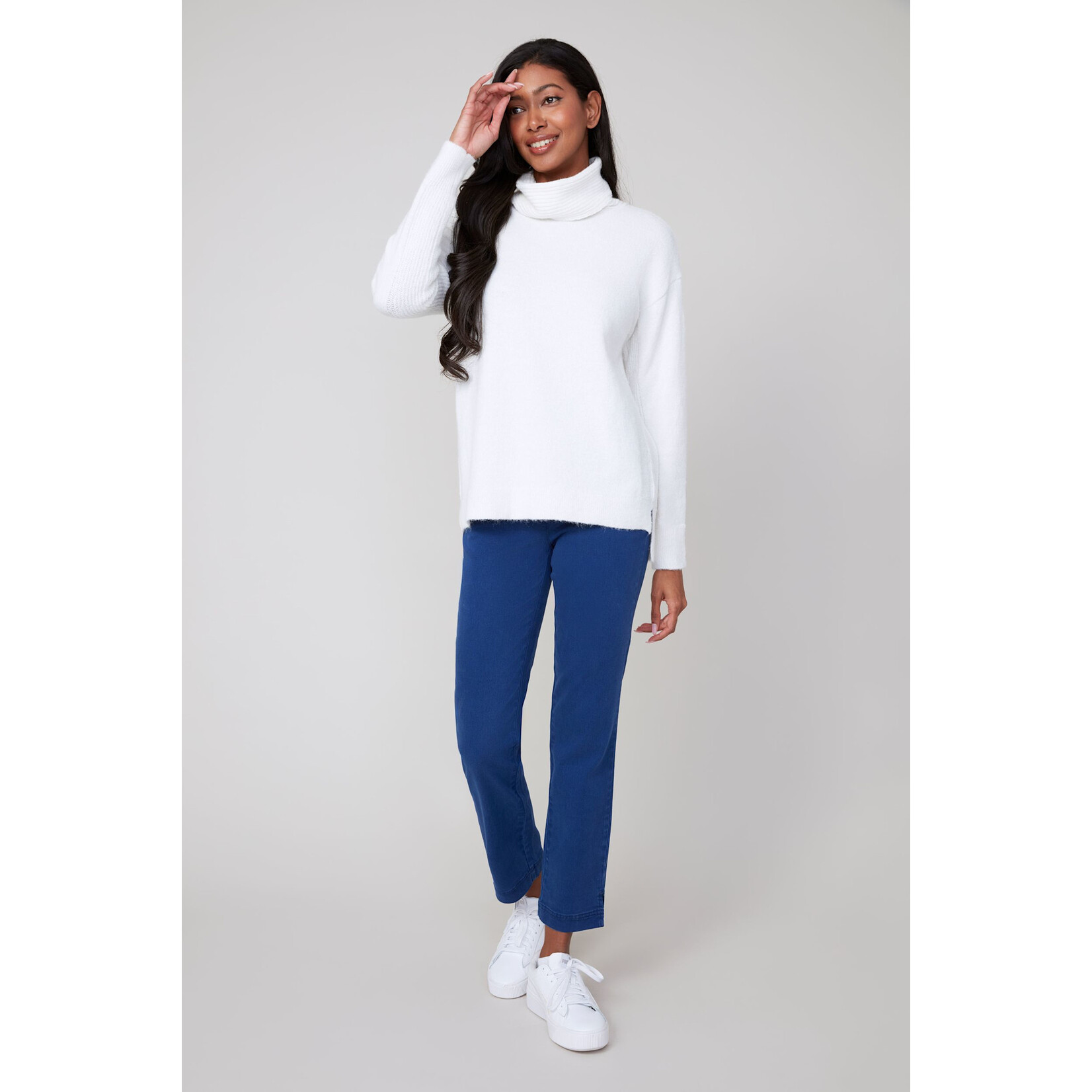 Ribbed Knit Cowl Sweater In Creme