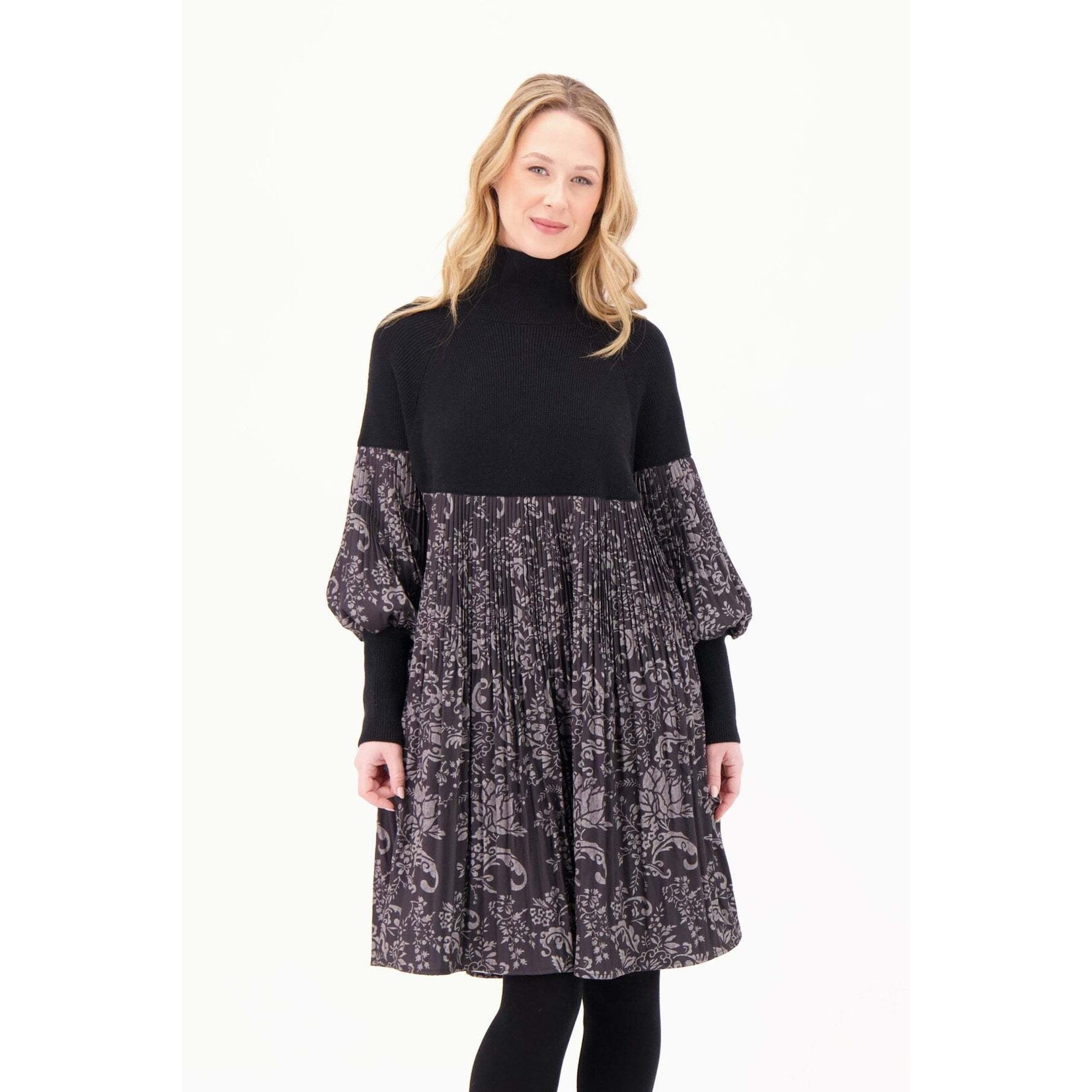 Floral Pleated Dress in Black Print
