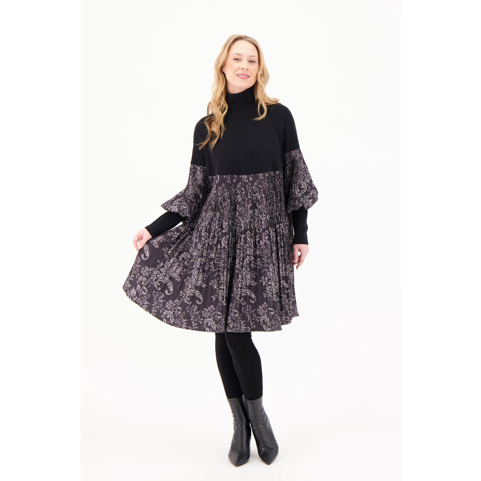 Floral Pleated Dress in Black Print