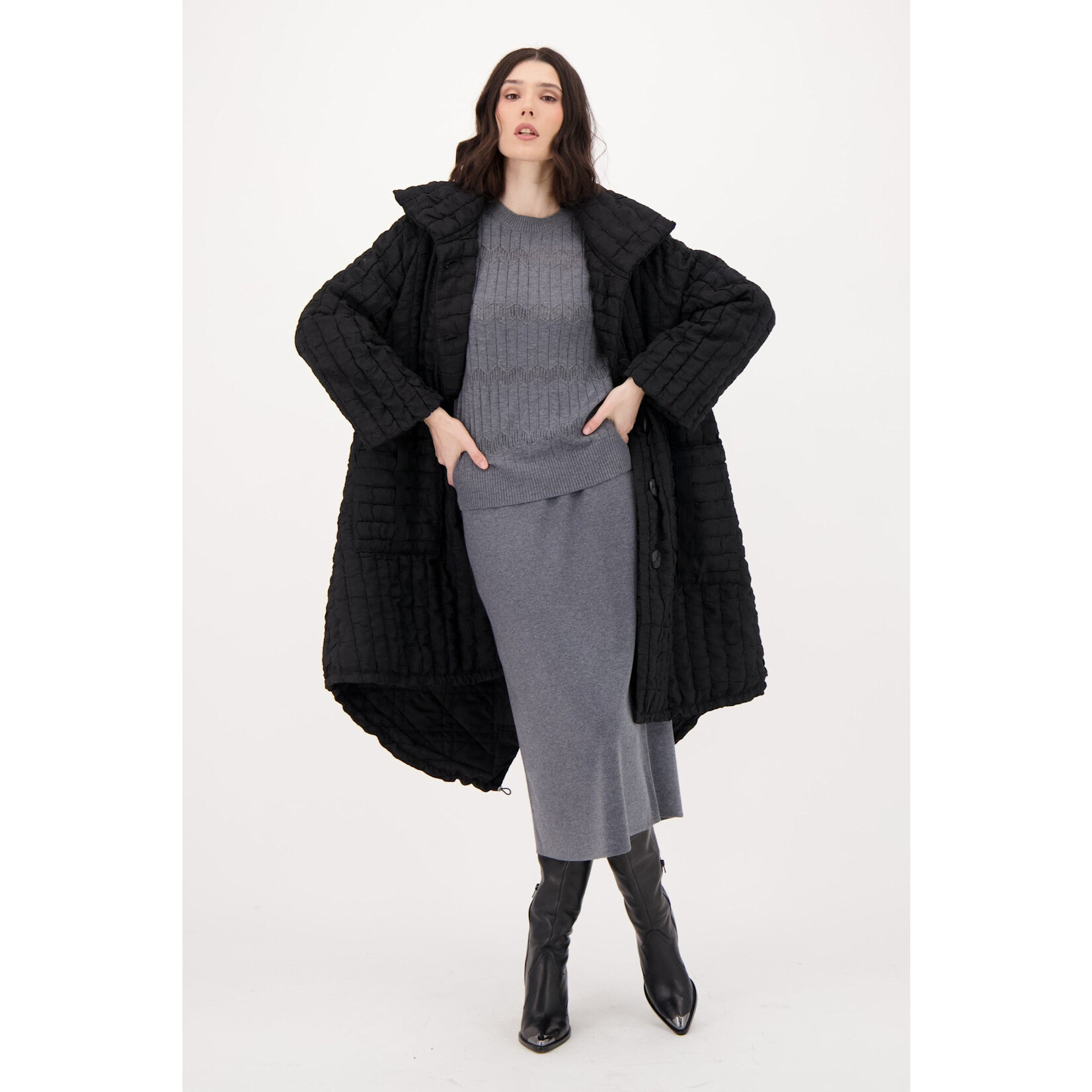 Oversized Quilted Overcoat in Black