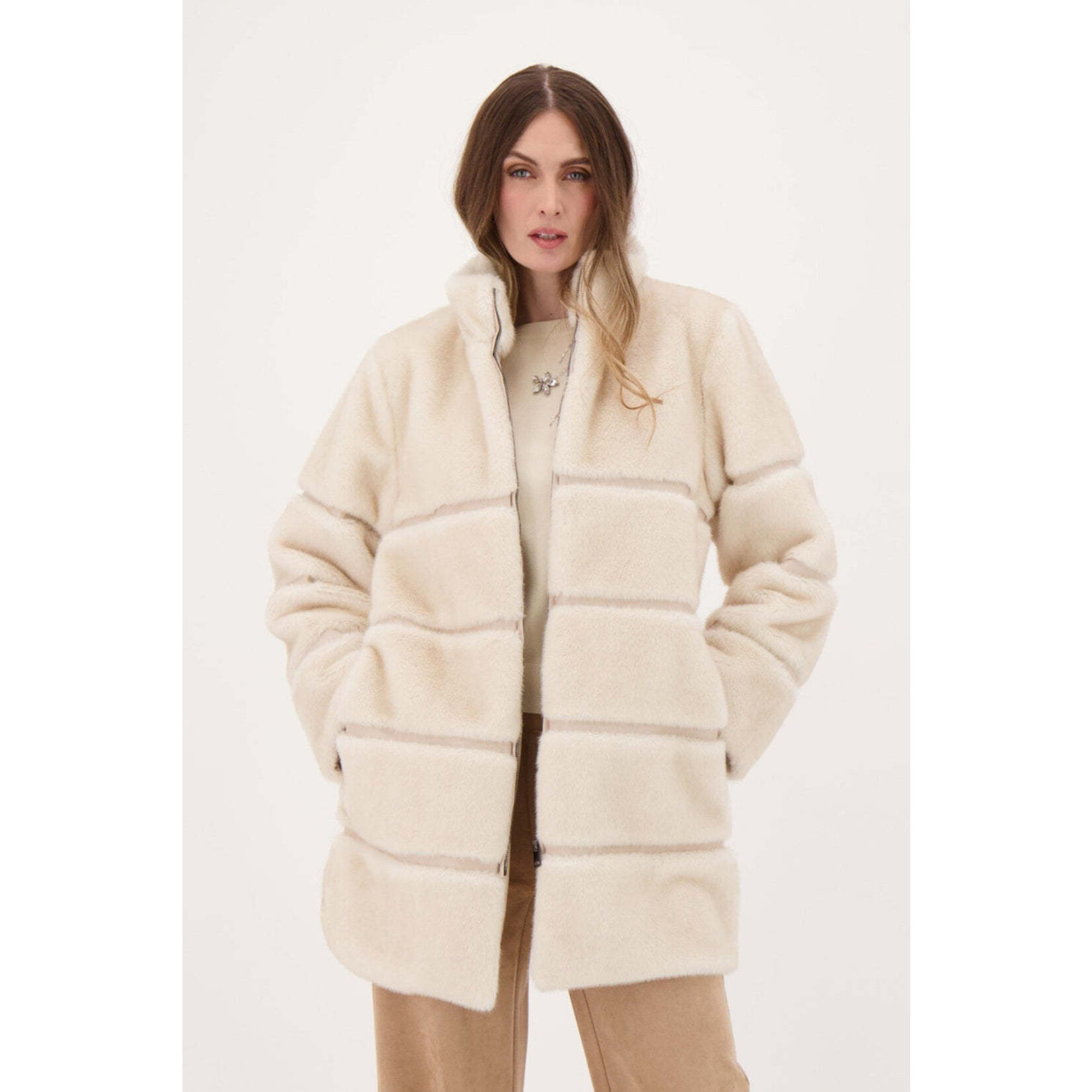 Faux Fur Jacket w/ Pu Inserts in Ivory