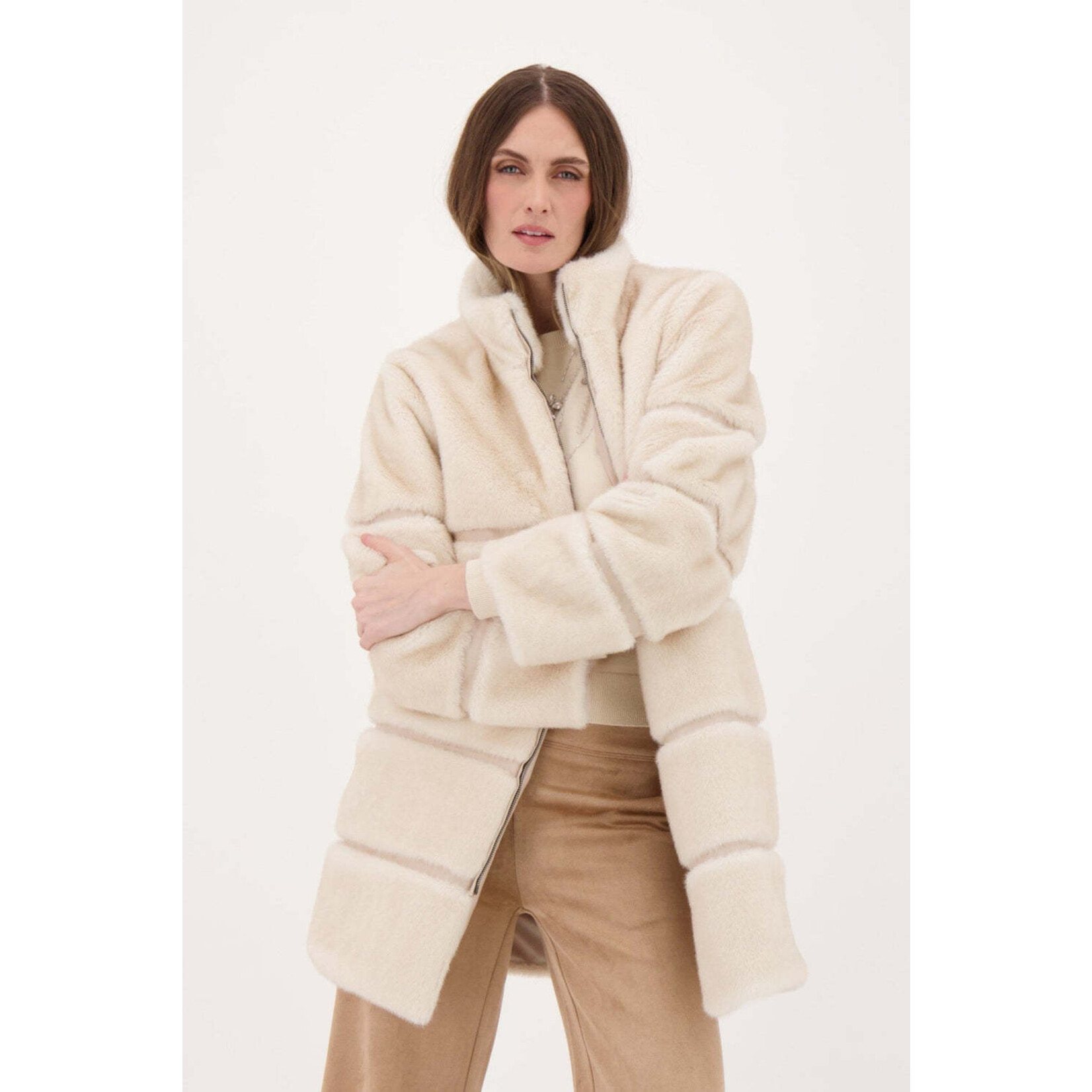 Faux Fur Jacket w/ Pu Inserts in Ivory